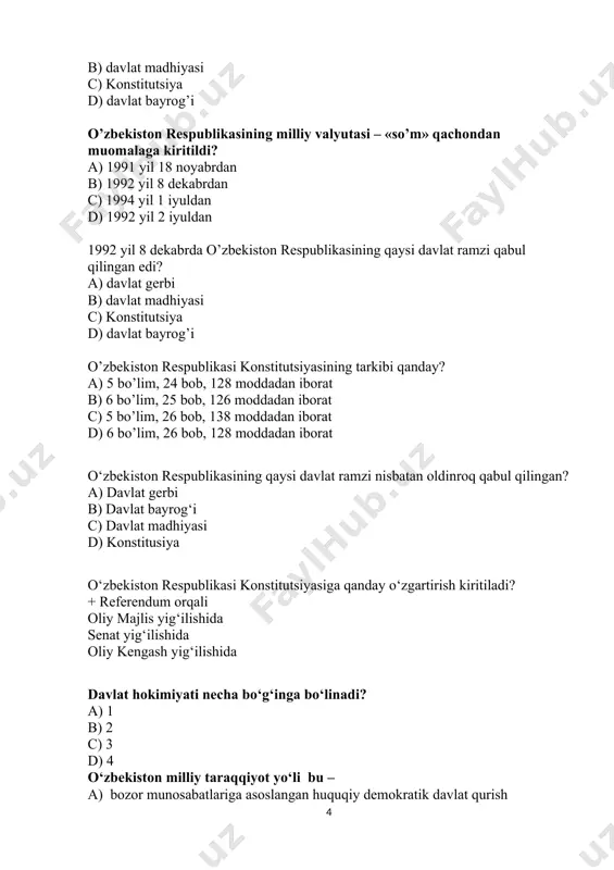 vazir d) viloyat hokimi tumanlarga boysunadigan shahar hokimlari kim tomonida tayinlanadi? a) prezident b) tuman hokimi c) bosh vazir d) viloyat hokimi o‘zbekiston respublikasida saylovlar kim tomonidan tashkil qilinadi? a) prezident tomonidan b) oliy majlis tomonidan c) markaziy saylov komissiyasi tomonidan d) fuqarolar yig’inlari tomonidan o‘zbekiston respublikasida necha yoshga to’lgan shaxslar saylash huquqiga ega? a) 16 b) 18 c) 21 d) 25 necha yoshdan kam bo’lmagan fuqarolar prezidentlikka saylanishi mumkin? a) 35 yoshdan b) 25 yoshdan c) 21 yoshdan d) 18 yoshdan necha yoshga to’lgan fuqarolar oliy majlisga saylanishi mumkin? a) 35 yosh b) 25 yosh c) 21 yosh d) 18 yosh necha toshga to’lgan fuqarolar viloyat, tuman, shahar kengashlariga deputatlikka saylanishi mumkin? a) 35 yosh b) 25 yosh c) 21 yosh d) 18 yosh “o’zbekiston havo yo’llari” milliy aviakompaniyasi qachon tashkil etiladi? a) 1990 yil 16 aprelda b) 1994 yil 21 dekabrda c) 1992 yil 28 yanvarda d) 1996 …