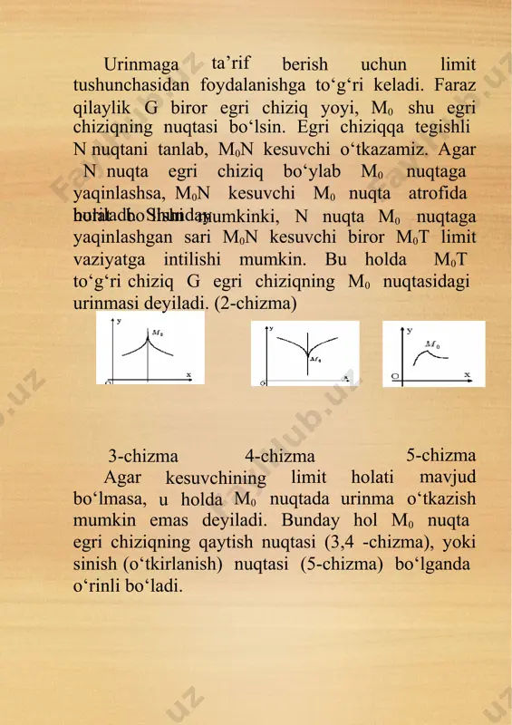 (t) jismni t temperaturaga qadar qizdirish uchun uzatilayotgan issiqlik miqdorining o‘zgarishini tavsiflovchi funksiya bo‘lsin. u holda jismning issiqlik sig‘imi issiqlik miqdoridan temperatura bo‘yicha olingan hosilaga teng bo‘ladi: c= dq  lim q . t 0 t dt umuman olganda, hosilani f(x) funksiya bilan tavsiflanadigan jarayon oniy tezligining matematik modeli deb aytish mumkin. funksiya grafigiga o’tkazilgan urinma va normal tenglamalari faraz qilaylik y=f(x) funksiya x0 nuqtada hosilaga ega, m(x0;f(x0)) funksiya grafigiga tegishli nuqta bo‘lsin. funksiya grafigiga berilgan nuqtada o‘tkazilgan urinma tenglamasini tuzaylik. bu tenglamani y=kx+b chiziq sababli ko‘rinishda m(x0;f(x0)) izlaymiz. nuqtadan izlanayotgan to‘g‘ri o‘tishi ma’lum, shu f(x0)= kx0+b tenglik o‘rinli. bundan b=f(x0)-kx0 ekanligini topamiz. demak, urinma tenglamasini y=kx+ f(x0)- kx0 yoki y= f(x0)+k(x- x0) ko‘rinishga ega bo‘ladi. agar urinmaning k burchak nuqtadagi qiymatiga koeffitsienti hosilaning x0 tengligini e’tiborga olsak, y=f(x) funksiya grafigiga m(x0;f(x0)) nuqtasida o‘tkazilgan urinma tenglamasi quyidagicha bo‘ladi: y= f(x0)+f’(x0)(x-x0) (1) urinma va ma’lumki, normalning perpendikulyarlik agar kurinma0 burchak bo‘lsa, …