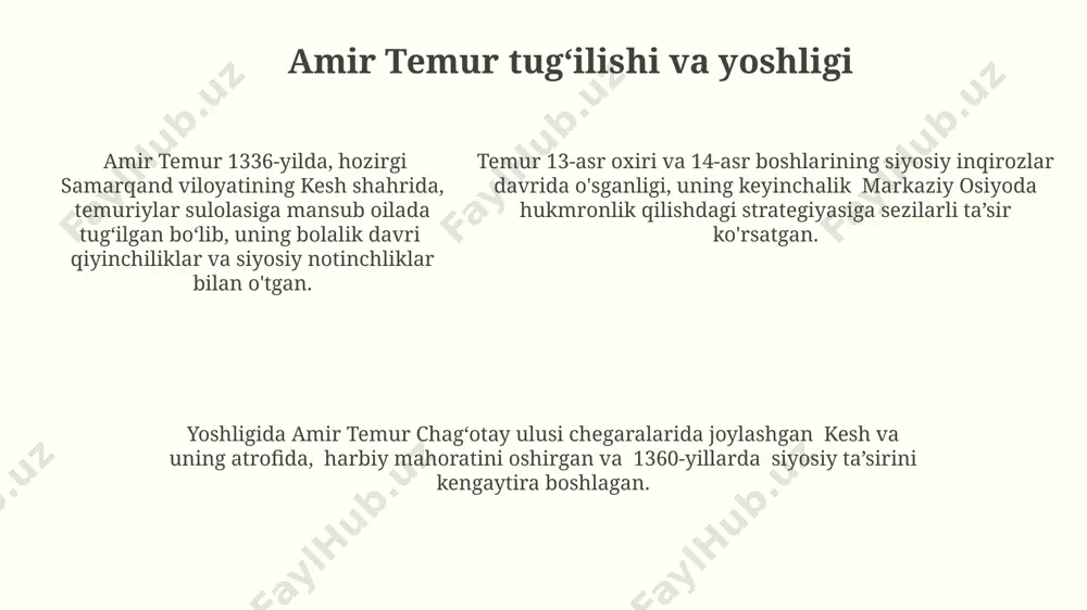 hududni o'z ichiga olgan holda, jahon siyosatida muhim o'rin egallagan va transregional savdo yo'llarini nazorat qilgan. temurning shaxsiy fazilatlari va siyosati amir temur o'zining 70 yildan ortiq hukmronligi davrida, markaziy osiyodan hindistongacha bo'lgan hududlarda keng ko'lamli infratuzilma ishlarini, jumladan, 100 dan ortiq karvonsaroy va masjidlarni qurdirgan. uning siyosati, 14-asr oxiri va 15-asr boshlarida qo'shinlari bilan anadolu, eron va misr kabi mintaqalarga qilgan yurishlari orqali mintaqaviy barqarorlikni ta'minlashga qaratilgan edi. uning siyosati, 14-asr oxiri va 15-asr boshlarida qo'shinlari bilan anadolu, eron va misr kabi mintaqalarga qilgan yurishlari orqali mintaqaviy barqarorlikni ta'minlashga qaratilgan edi. xulosa va xulosalar amir temur imperiyasining hududi 4 million kvadrat kilometrdan ortiqni tashkil etgan, bu uning harbiy va siyosiy mahoratini namoyish etadi. uning hukmronligi davrida 70 dan ortiq shahar va qal’alar qayta qurilgan yoki yangidan bunyod etilgan, bu uning qurilish ishlarini rivojlantirishga bo'lgan e'tiborini aks ettiradi. amir temur 14-asrda samarqandni jahonning eng yirik savdo markazlaridan biriga aylantirdi, bu …