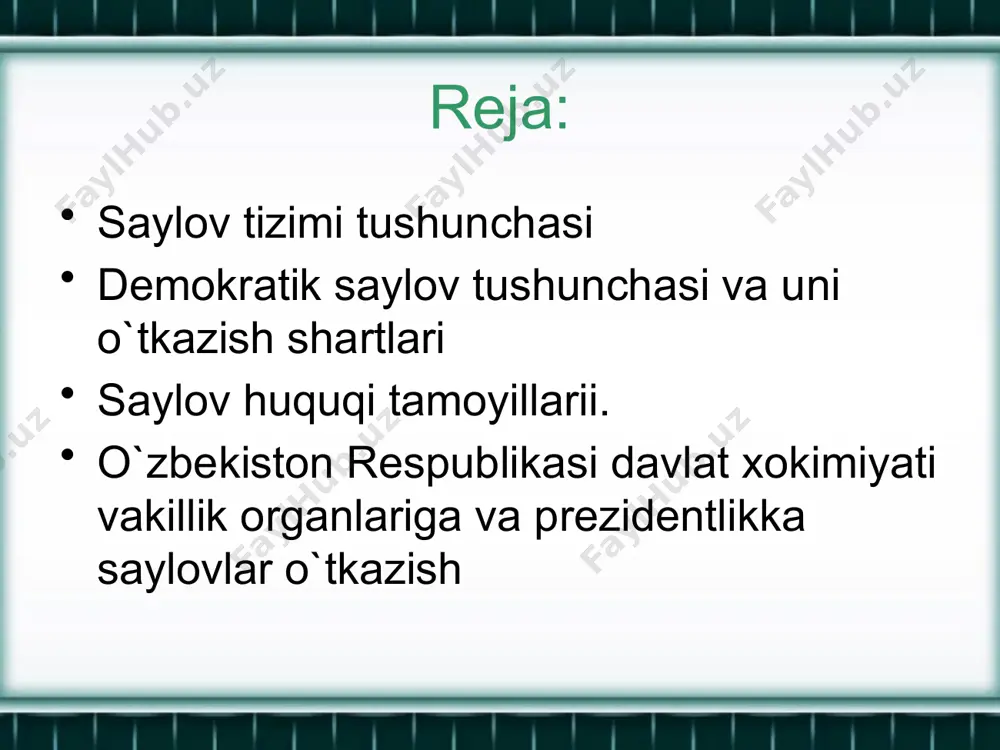 y majlisiga saylov to`grisida»gi qonun (1993 y. 28 dekabr), «xalk deputatlari viloyat, tuman, shaxar kengashiga saylov to`grisida»gi qonun (1994 y. 5 may), «fuqarolarning o`zini-o`zi boshqarish organlari to`grisida»gi qonun (1999 y. 14 aprel), «fuqarolar saylov huquqlarining kafolatlari to`grisida»gi qonun (1994 y. 5 may), o`zbekiston respublikasi markaziy saylov komissiyasi to`grisida»gi qonun (1998 y. 30 aprel). konstitutsiyaning 23-bobi «saylov tizimi» deb nomlangan bo`lib, tula-tukis mazkur tizimni huquqiy jixatdan ta’minlashga bag`ishlangan. demokratik saylov tizimi mustakil o`zbekiston respublikasida xalk xokimiyatchiligini, fuqarolarning davlatni boshkarishda ishtirok etish huquqlarini (konstitutsiyaning 32-moddasi) amalga oshirishning eng muxim mexanizmlaridan biridir. saylov huquqining tengligi prinsipi xar bir saylovchi faqatgina bitta ovozga ega bo`lib, saylovda teng asoslarda qatnashish mumkinligida o`z ifodasini topgan. bu boradagi tenglik saylov okruglarining (250 ta) saylovchilar sonining barobar bo`lish qoidasi asosida tuzish bilan ham ta’minlanadi. bir saylov okrugidagi saylovchilar ovozi boshqa okrugdagi saylovchilarning ovoziga amalda teng bo`lishiga shu zaylda erishiladi. saylovlar yashirin ovoz berish yo‘li bilan amalga oshiriladi. asosiy …
