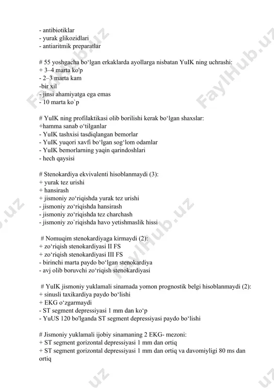 etuvchi trombotsitar agregatlar (0,4% bemorlarda) - koronar tomirlarda yallig'lanish jarayoni (95% bemorlarda) - mikrotsirkulyatsiyaning buzilishi (0,4% bemolrlarda) - slardj fenomeni (5% bemorlarda) # populyatsion tekshiruvlarda stenokardiya xuruji qaytalanishi bo‘yicha 4 og‘irlik gradatsiyasi ajratiladi: + i- 1 oyda bir- ikki marta xuruj bo‘lishi + ii- 1 haftada bir necha marta xuruj bo‘lishi + ii- har kuni yengil + v- har kuni og‘ir - i- har kuni og‘ir - ii- har kuni yengil - iii- bir haftada bir necha marta xuruj bo'lishi - bir oyda bir- ikki marta # yuik- aterosklerozning 4 asosiy xavfli omili: + giperxolesterinemiya 6,7 mmol/l dan yuqori bo'lishi + arterial gipertoniya + chekish + bemorning yoshi - alkogol kuniga 100 gr - ayollarda - giyohvandlik - giperfosfolipidemiya # bronxial astmani ko‘p uchraydigan asorati: +o‘pka emfizemasi -o‘pka abssessi -o‘pkadan qon ketish -bronxoektaziya -ekssudativ plevrit # bronxospazmni askultativ belgisi: +uzaygan nafas chiqarish va quruq xirillashlar -bronxial nafas -amforik nafas -uzaygan …