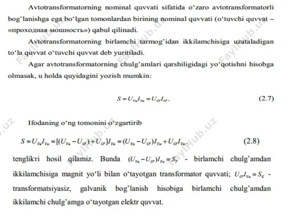 6 – tirsakli val; 7, 8 – qo‘zg‘aluvchi va qo‘zg‘almas kontaktlar kuchlanishni rostlash vositalarining quyidagi turlari mavjud: 1. transformatorni tarmoqdan uzib birlamchi va ikkilamchi chulg‘amlar- ning rostlash uchun mo‘ljallangan shoxobcha pog‘onasini o‘zgartirish yo‘li bi-lan kuchlanishni rostlash (mdh – mustaqil davlatlar hamdo‘stligi hududida buni qisqacha «pbv – pereklyuchenie bez vozbujdeniya» deb yuritiladi). bu-ning qayta ulagichi 5.4-rasmda ko‘rsatilgan. 2. transformatorni tarmoqdan uzmay uning kuchlanishini rostlash. buni mdh hududida qisqacha «rpn (regulirovanie pod nagruzkoy)» deyiladi. chulg‘am o‘ramlari sonini o‘zgartirish kontaktli qayta ulagich yordamida amalga oshiriladi. u bakning ichiga joylashtiriladi, boshqariladigan qismi esa pbv turida bak qopqog‘iga chiqarilgan bo‘ladi. rpn turida qayta ulagich maxsus yuritma yordamida boshqariladi. pbv turida umumiy maqsadli katta quvvatli kuch transformatorining yuk chulg‘am tomonida 5 ta (5, 2,5, 0, –,5, –5 %) rostlash pog‘onasi bo‘lib, bunda kuchlanish nominal qiymatiga nisbatan  5 % ga rostlanadi. kuchlanishning yuk chulg‘am tomonida rostlanishiga sabab shuki, bu holda yuk chulg‘amda past kuchlanishliga nisbatan tok …