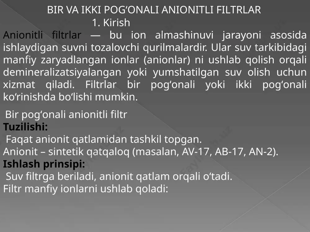 langan suv olinadi. qoʻllanilishi:energetika (qozonlar uchun suv tayyorlash), tibbiy laboratoriyalar, energetika sanoati. afzalliklari:yuqori darajada tozalash. ichimlik yoki texnologik suv olish mumkin. iоnitli qurilmalarda a2 filtrlar n2 – katiоnitli filtrlardan keyin o‘rnatilishi sababli a2- filtrga yubоrilayotgan suv, tarkibidagi barsha katiоnlardan va kushli kislоta aniоnlaridan tоzalangan bo‘ladi. shuning ushun ham a2- filtrlar suvni kremniy birikmalaridan tоzalоvshi filtrlar hisоblanadi. sig’imi: bir pog’onali filter uchun. v=a*h v-filtr hajmi (m3) a-filtr yuzasi (m2) h-filtr to’ldirish (yoki qatlam) balandligi (m) ikki pog’onali filtr uchun 1.v=a*(hi+h2) h2-ikkinchi qatlam (masalan, qum )balandligi suv sarfi (q) q=a*q q-suv sarfi (m3/soat) q-filtarsiya tezligi (m/soat) a-filtr yuzasi (m2) t 2.n = — *100% t+tt t-ish vaqti tt-tozalash vaqti foydali ish koeffitsiyenti xulosa: bir pog‘onali anionitli filtrlar oddiy suv tozalash ehtiyojlari uchun yetarli bo‘lsa, ikki pog‘onali filtrlar yuqori sifatli va chuqur tozalash talab etiladigan holatlarda afzalroqdir. hisoblashlar esa anionit turi, yuklama, ishlash vaqti va regeneratsiya shartlariga qarab olib borilishi kerak. foydalanilgan adabiyotlar: …