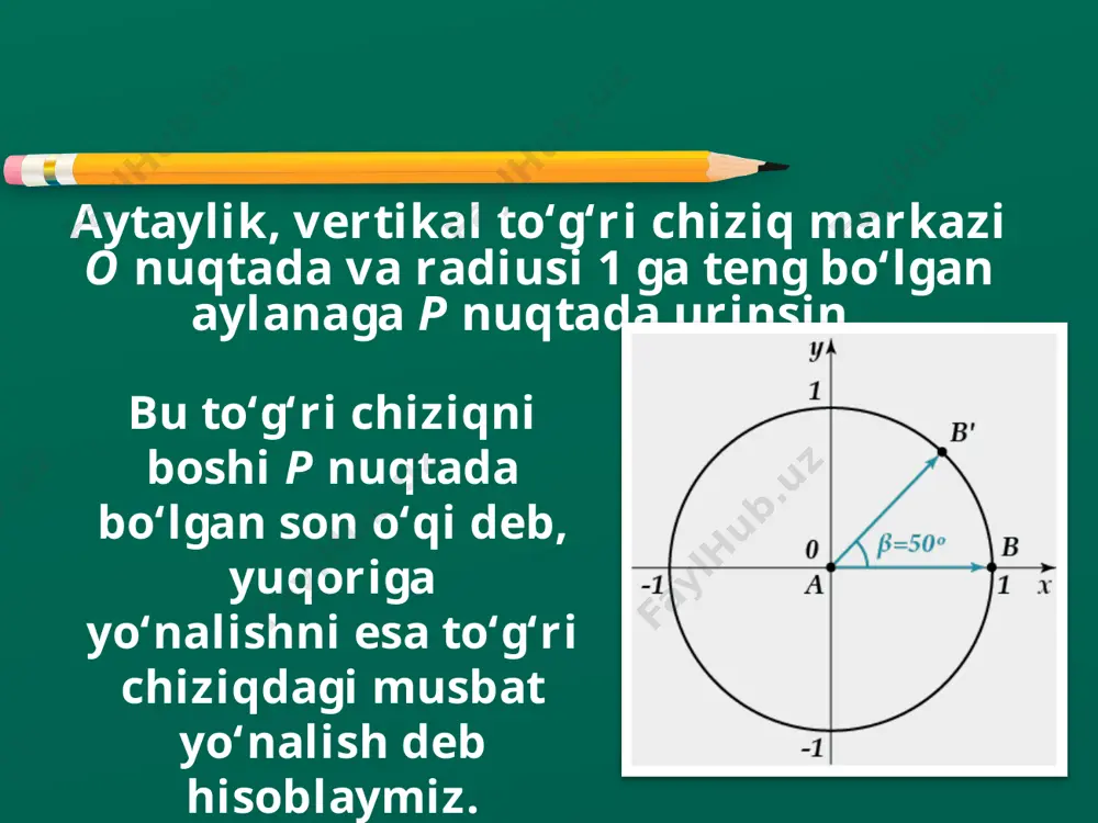 tortib turadi, ya’ni 1 -ma s a l a . 1) ga teng burchakning gradus o‘lchovini toping. (1) formula bo‘yicha topamiz: 1° li burchakning radian o‘lchovini topaylik. 180° li burchak p rad ga teng bo‘lgani uchun ga teng bo‘ladi. burchakning radian o‘lchovi aylana yoylarining uzunliklarini hisoblash uchun qulay. 1 radian burchak uzunligi r radiusga teng yoyni tortib turgani uchun a radian burchak image2.jpg image3.png image4.png image5.jpeg image6.jpeg image7.png image8.png image9.png image10.png image11.png image12.png image13.png image14.jpg image15.png image16.png image17.png image18.png image19.png image20.png image21.png image22.png image23.png image24.png image1.jpg