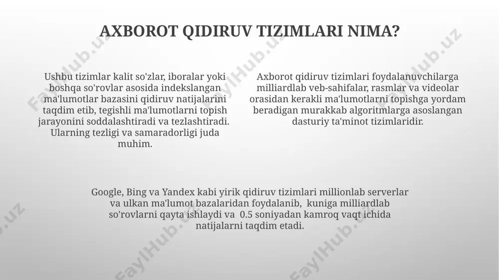 shlash jarayonida algoritmlar, masalan, pagerank, sahifalarning ahamiyatini va o'zaro bog'liqliklarini aniqlashda muhim rol o'ynaydi, natijalar reytingini 200 dan ortiq omillar asosida aniqlaydi. qidiruv tizimlari veb-sahifalarni indekslash orqali ishlaydi, milliardlab sahifalarni o'rganib, ularning tarkibini kalit so'zlar va meta-ma'lumotlar bo'yicha kataloglaydi va foydalanuvchi so'roviga mos keladigan natijalarni 0.5 sekund ichida taqdim etadi. qidiruv tizimlarining etikasi va xavfsizligi qidiruv natijalarida jinsiy zo'ravonlik va bolalar pornografiyasi bilan bog'liq tarkibning tarqalishini nazorat qilish maqsadida, kamida 15 ta yangi filtrlash mexanizmlari ishga tushirildi. qidiruv tizimlari foydalanuvchilarning shaxsiy ma'lumotlarini 30 kundan ortiq saqlashni taqiqlovchi qoidalarga amal qilishi kerak, aks holda 500 ming aqsh dollarigacha jarimaga tortilishi mumkin. soxtalashtirilgan ma'lumotlar va dezinformatsiya tarqalishining oldini olish uchun qidiruv tizimlari algoritmlarini 2023-yil oxiriga kelib kamida 10% ga takomillashtirish rejalashtirilgan. qidiruv tizimlarining tarixi 1990-yillarning boshlarida wwwning tez rivojlanishi bilan birga, birinchi qidiruv tizimlari, masalan, archie va gopher kabi, fayllarni va ma'lumotlarni topish uchun sodda usullarni taqdim etdi. google 1998-yilda larry page …