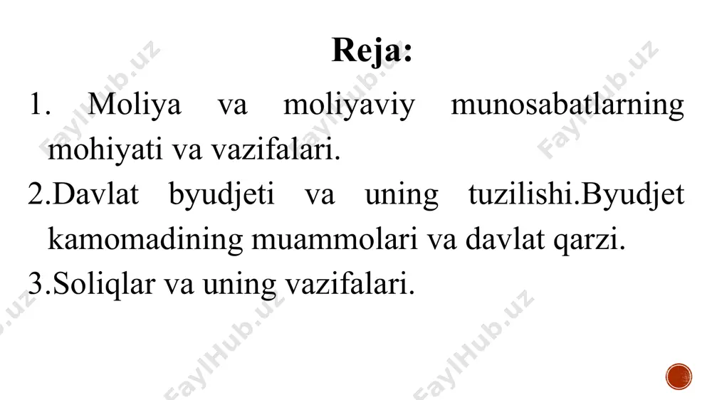 aytiladi. молия тизими бу турли даражадаги бюджетларни, ижтимоий, мол-мулк ва шахсий суғурта фондларини, давлатнинг валюта заҳираларини, корхона ва фирмалар, тижорат ва нотижорат тузилмаларининг ва шу каби бошқа ташкилотларнинг пул фондларини ўз ичига олувчи тизимдир. молиянинг асосий турлари бу корхона ва ташкилот доирасидаги молия. макромолия бу давлат миқёсидаги молия. микромолия 1. moliyaning mohiyati va vazifalari. moliya tizimi moliya - pul mablag`laridan foydalanish va uning harakatini tartibga solish bilan bog`liq bo`lgan munosabatlar tizimidir.uning vositasida turli darajada pul mablag`lari fondlar vujudga keltiriladi va ular takror ishlab chiqarish ehtiyojlari va boshqa ijtimoiy ehtiyojlarni qondirish maqsadida taqsimlanadi. moliyaviy munosabatlarning obyektlari - iqtisodiyotning turli darajalarida tarkib topuvchi va harakat qiluvchi pul mablag`lari fondlari hisoblanadi. moliyaviy munosabatlar subyektlari - ularga barcha tashkilotlar , korxonalar , yuridik va jismoniy shaxslar , fuqarolar kiradi. 1.moliyaviy ta`minlash va xizmat ko`rsatish vazifasi. mamlakatni boshqarish, mudofaa qobiliyatini ta`minlash, huquq- tartibot ishlarini yo`lga qo`yish , sog`liqni saqlash , madaniy–ma`rifiy ishlarni moiyaviy resurslar bilan …