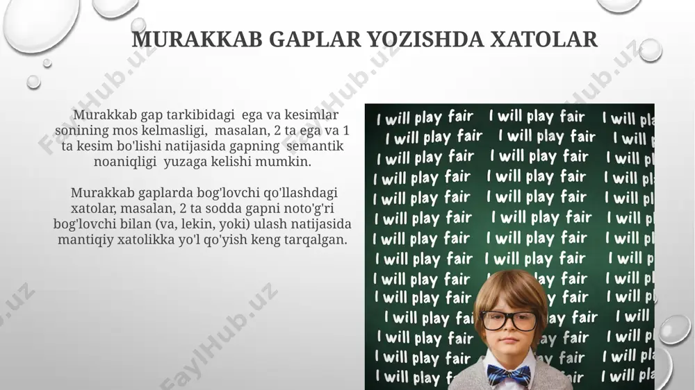 di va bitta umumiy fikrni ifodalaydi. murakkab gaplarda so'zlarning tartibi murakkab qo'shma gaplarda, 2 dan ortiq sodda gaplardan tashkil topganlarda, kesimlarning tartibi ular orasidagi mantiqiy bog'lanishga va 1, 2 yoki undan ortiq bog'lovchi so'zlarning ishtirokiga bog'liq. murakkab gaplarda fe'l kesimlari odatda gapning ikkinchi qismida, bog'lovchi so'zdan keyin keladi, lekin 2 ta yoki undan ortiq kesim bo'lsa, ularning tartibi ma'noga bog'liq bo'ladi. murakkab bir terimli gaplar murakkab bir terimli gaplarda kesimlar soni 2 dan 5 tagacha yoki undan ko'p bo'lishi mumkin, bu ularning ifoda etish imkoniyatlarini kengaytiradi va murakkab fikrlarni ifodalashga yordam beradi. murakkab bir terimli gaplarning tuzilishiga ko'ra, ular parallel, ketma-ket yoki murakkab qo'shma gaplar kabi 3 ta asosiy turga bo'linadi, har bir turi o'ziga xos sintaktik xususiyatlarga ega. e'tiboringiz uchun rahmat @taqdimot_robot image3.png image4.jpg image5.jpg image6.jpg image7.jpg image8.jpg image9.jpg image10.jpg image11.jpg image12.jpg image13.jpg image14.jpg image15.jpg image16.jpg image17.jpg image18.jpg image19.jpg image20.jpg image1.png