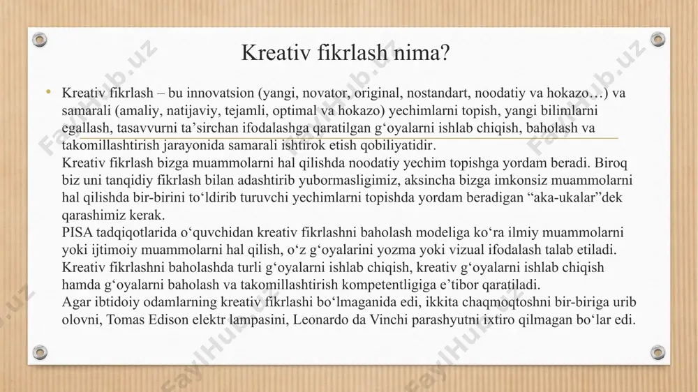 nki xxi asrga kelib, insoniyat o’zi uchun kerakli va hammaning hayoliga keladigan deyarli barcha narsani yaratib bo’ldi. e’tibor bering, ayni vaqtda muvaffaqiyatga erishgan juda ko’plab shaxslar, bir necha dekadalar avval insonlar tasavvur ham qila olmagan g’oyalarini amalga oshirishgani tufayli shu darajaga chiqishgan. jeff bezos, online do’kon trendi orqali mashhur bo’ldi. bu trend o’zbekistonga endi kirib kelmoqda. umuman online do’kon tushunchasi yaqin 50 yil ichida paydo bo’lgan. undan avval odamlar buni tasavvur ham qila olmagan. demak, bundan shuni anglash mumkinki, kreativlik ayni damda muvaffaqiyatga erishishingiz yo’lida asosiy vositalardan biri. yana bir katta o’zgarish. xx asr o’rtalarigacha insonlar ishga kirish uchun asosiy hujjat sifatida o’z diplomlarini taqdim etishar edi. diplomni esa haqiqiy o’qigan talaba olardi. ha, hozir ham ko’p ish beruvchilar diplom talab qiladi, ammo bu asosiysi va eng muhimi emas, muhimi sizda “creativity” hamda “critical thinking” kabi qobiliyatlar ham bo’lishi kerak. hattoki juda ko’plab xorijiy hamda professional bilim talab qilmaydigan kompaniyalar, …