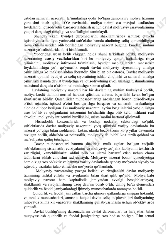ashda moliyaviy nazorat organlarining profilaktik tadbirlarni o‘tkazishi muhim ahamiyat kasb etadi. mamlakat moliya tizimida tovar va pul oqimlarini moliyaviy-iqtisodiy boshqarishda davlat moliyaviy nazoratining samarali tizimini yaratish o‘ziga xos o‘rin egallaydi, bundan tashqari davlatning moliyaviy mablag‘laridan samarali foydalanishning kafolati bo‘lib davlat moliyaviy nazorati hisoblanadi. davlatning jamiyat oldidagi asosiy vazifalarini bajarishdagi rolini oshirish bu amaldagi qonunchilikka muvofiq davlat harajatlari va moliyaviy oqimlar yo‘nalishlari ustidan samarali nazoratni ta’minlashga qodir bo‘lgan zamonaviy moliya tizimini yaratishni talab qiladi. o‘z navbatida, moliya tizimi esa mavjud usullardan foydalanib, iqtisodiyotni barqarorlashtirish uchun davlat moliyaviy jarayonlarining yuqori darajadagi tiniqligi va shaffofligini taminlaydi. shunday ekan, byudjet daromadlarini shakllantirishda ishtirok etuvchi iqtisodiyotda faoliyat yurituvchi sub’ektlar hamda aholining soliq qonunchiligiga rioya etilishi ustidan olib boriladigan moliyaviy nazorat bugungi kundagi muhim nazorat yo‘nalishlaridan biri hisoblanadi. yuqoridagilardan kelib chiqqan holda shuni ta’kidlash joizki, moliyaviy nazoratning asosiy vazifalaridan biri bu moliyaviy qonun hujjatlariga rioya qilinishini, moliyaviy intizomni ta’minlash, byudjet mablag‘laridan maqsadsiz foydalanilishiga yo‘l qo‘ymaslik orqali …