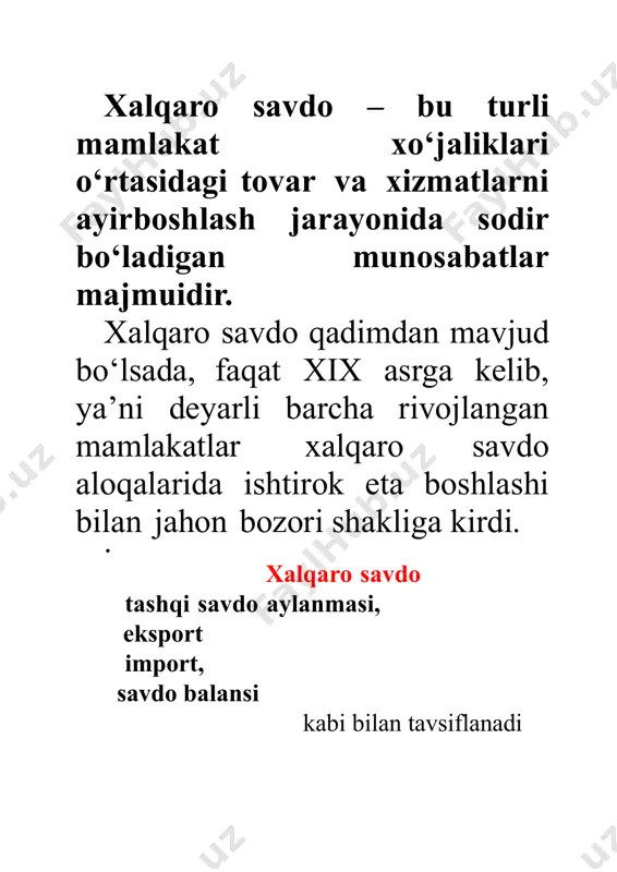 ilish ham o‘ziga xos xususiyatlarga ega bo‘ladi. kapital eksporti kredit berish yoki chet el korxonalari aksiyalariga maqsadli sarmoyalar sarflash kabi shakllarda amalga oshirilib, kapital chiqarilgan vaqtda eksport qiluvchi mamlakatdan mablag‘lar oqimini taqozo qiladi va shu orqali tasarrufida bo‘lgan resurslar hajmini qisqartiradi. boshqa tomondan, kapital eksporti chet davlatlarning mazkur mamlakatdan bo‘lgan qarzlarini ko‘paytiradi. u jahon bozoriga tovarlarning keyingi eksporti uchun qulay sharoit yaratadi va chet el valyutasida foiz yoki dividend shaklida barqaror daromad olish omili hisoblanadi. 6 30 o‘zbekiston respublikasi prezidenti shavkat mirziyoyevning oliy majlisning senati va qonunchilik palatasiga murojaatnomasi (24.01.2020) // xalq so‘zi gazetasi, 2020 yil 25 dekabr. ko‘plab mamlakatlar, cheklangan resurs bazasiga va tor ichkibozorga ega bo‘lib, o‘zlarining ichki iste’moli uchun zarur bo‘lgan barcha tovarlarni yetarli samaradorlik bilan ishlab chiqarish holatida bo‘lmaydi. bunday mamlakatlar uchun import kerakli tovarlarni olishning asosiy yo‘li hisoblanadi. import eksportdan farq qilib chet ellik ishlab chiqaruvchi- lardan tovarlar (xizmatlar) sotib olib, ularni mamlakatga keltiri- shni …
