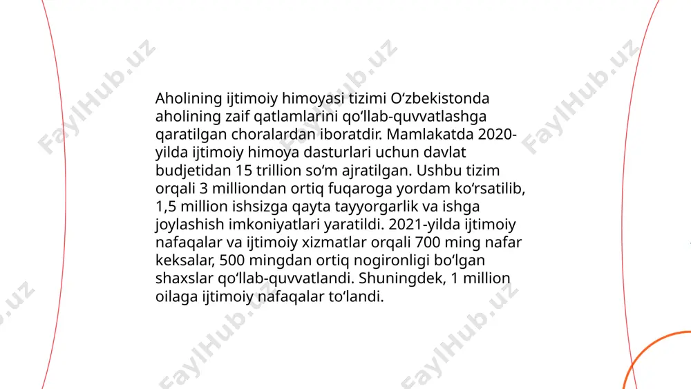 oblanadi. yevropa davlatlarida urbanizatsiya darajasi 74%, osiyo mamlakatlarida esa 50% atrofida. hududlararo rivojlanish tafovutlari yashash sharoitlari va infratuzilma yetishmovchiligiga olib kelishi mumkin. markaziy osiyoda, jumladan o'zbekistonning urbanizatsiya darajasi 50% dan kam. urbanizatsiya natijasida iqtisodiy imkoniyatlar oshadi, ammo ekologik va ijtimoiy muammolar ham ko'payadi. shu sababli, urbanistik rivojlanish rejalashtirishda muvozanatni saqlash muhim. ... t.me/slaydai_bot 12. "pension islohotlari va qariyalarga g'amxo'rlik" mavzusida o'zbekistonda davlat pensiya tizimi islohotlari doirasida 2023-yilda pensionerlarning farovonligini oshirish maqsadida bir nechta o'zgarishlar amalga oshirildi. 2023-yil oxiriga kelib, minimal pensiya miqdori 1,1 million so'mga yetkazildi. davlat tomonidan qariyalarga g'amxo'rlik qilish uchun maxsus dasturlar joriy etilib, ularning ijtimoiy ta'minoti yanada kuchaytirildi. shu yil davomida qariyalar uchun 150 ta yangi ijtimoiy markazlar ochildi va 300 mingdan ortiq qariya bu xizmatlardan foydalanmoqda. ushbu choralarning barchasi qariyalarning yashash sharoitlarini yaxshilashga qaratilgan. ... t.me/slaydai_bot 13. aholi salomatligini muhofaza qilish choralari aholi salomatligini muhofaza qilish uchun bir qancha choralar ko‘riladi. har yili o‘zbekiston sog‘liqni saqlash …