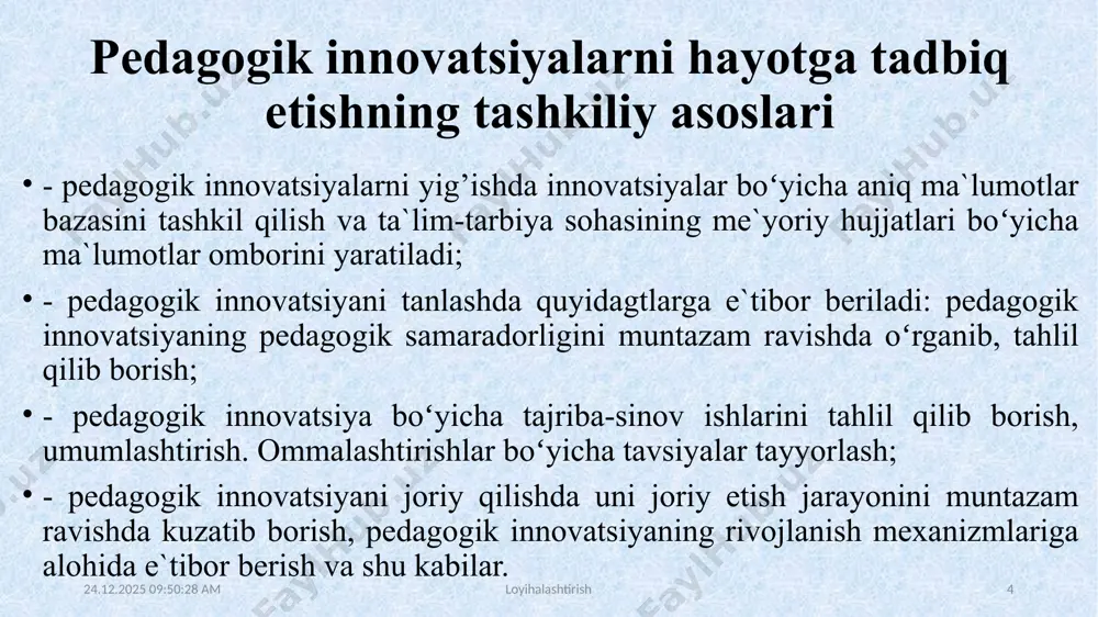 uning tashkil etuvchilari haqidagi koʻnikmalarini shakllantirish; - muammolarni maqsad, vazifa va fanning mazmuni boʻyicha umumlashtirish; - bilimlarni tekshirish va mustaxkamlash. *mazmun: talabalarning egallashi lozim boʻlgan bilim. oʻqituvchi 18.05.2022 8:36:11 loyihalashtirish 9 18.05.2022 8:36:11 darsni tashkil etish bosqichi: uslub: og’zaki bayon qilish. shakl: ma`ruza mashg’uloti, kichik guruhlar va jamoadaishlash. vosita: tarqatma va taqdimot materiallari. usul: tayyor yozma materiallar. nazorat: og’zaki nazorat, savol-javoblar, kuzatish. baholash: rag’batlantirish, reyting tizimi asosida baholash. oʻqituvchi loyihalashtirish 10 3. mustaqil ishlash bosqichi: - munozara, aqliy hujum, mikroguruhda ishlash va boshqa metodlar orqali nazorat topshiriqlarini yechishga yoʻnaltiriladi. - talabalar nazorat topshiriqlarini hal qilish toʻg’risidagi fikrlarini oʻzaro muhokama qilishadi. - oʻzi va mikroguruh uchun yagona javobni tanlaydi. talaba 18.05.2022 8:36:11 loyihalashtirish 11 4. natijalarni eshitish va tahlil qilish bosqichi: - talabalar va mikroguruh fikri tinglanadi, ularga aniqlashtiruvchi savollar beriladi. - mikroguruhlarning javoblari toʻg’risida talabalar fikrianiqlanadi. - javoblar tahlil etiladi. oʻqituvchi -talaba 18.05.2022 8:36:11 loyihalashtirish 12 5. yakuniy va baholash …