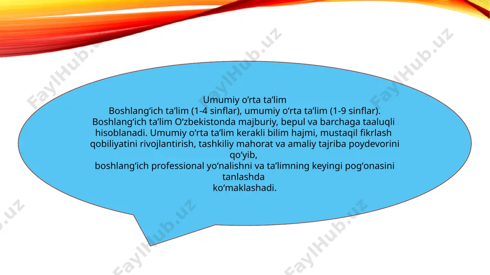aror qiladi: · taʼlim toʻgʻrisidagi oʻzbekiston respublikasining qonuni eʼlon qilingan kundan e’tiboran amalga kiritilsin · belgilab qoʻyilsinki taʼlim toʻgʻrisidagi qonunning umumiy oʻrta taʼlim olishga, uch yillik akademik litseylarda va kasb- hunar kollejlarida o’qishda hamda oliy ma’lumotli mutaxasislar tayyorlashga taalluqli 12 13 va 14 moddalaridagi qoidalar kadrlar tayyorlash milliy dasturida belgilangan muddatlarda joriy etiladi · oʻzbekiston respublikasi vazirlar mahkamasi hukumat qarorlarini taʼlim to’g’risidagi qonunga muvofiqlashtirilsin. vazirliklar va idoralar mazkur qonunga zid bo’lgan o’z normative hujjatlarini qayta ko’rib chiqishlari ta’minlansin. · belgilab qoʻyilsinki qonun hujjatlari taʼlim toʻgʻrisidagi qonunga muvofiqlashtirilgunga qadar o’zbekiston respublikasi amaldagi qonun hujjatlarining mazkur qonunga zid bo’lmagan qismi qo’llaniladi muvvofiqlashtirilgunga qadar oʻzbekiston respublikasi amaldagi qonun hujjatlarining mazkur qonunga zid boʻlmagan qismi qoʻllaniladi. 1992 yil 2 iyulda qabul qilingan taʼlim toʻgʻrisidagi oʻzbekiston respublikasi qonuni (o’zbekiston respublikasi oliy kengashining axborotnomasi 1992-yil, -9 1993-yil-6,268 modda) o’z kuchini yo’qotgan deb hisoblansin o’zbekiston respublikasining ta`lim tizimi quyidagilardan iborat: - ta`lim sohasidagi davlat boshqaruv organlari shuningdek …