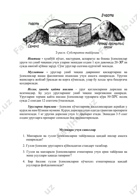 аш - уруғ қатламларини дорилаш ва иситишдир. бу усул уруғларнинг униб чиқиш энергиясини оширади. уруғларни термик қайта ишлаш ўсимликлар турларига кўра 50-550с иссиқ сувда 2 соатдан 12 соатгача ўтказилади. уруғларни дорилаш - ўсимлик кўчатларини касалликлардан асрайди у қуруқ ва нам бўлиши мумкин. қуруқ дорилаш учун одатда гранозан препарати ишлатилади. 1 кг уруғни дорилаш учун 1г препарат етади. экишдан 3-5 соат олдин уруғларга препарат сепилади ёки аралаштирилади. музокара учун саволлар 1. манзарали ва гулли ўсимликларни тайёрлашда қандай ишлар амалга оширилади? 2. гулли ўсимлик уруғларига қўйиладиган стандарт талаблар. 3. гулли ва манзарали ўсимликларни етиштириш учун ерни тайёрлаш ва экиш усуллари ҳақида гапиринг? 4. бир йиллик гулли ўсимликларни кўчатсиз етиштиришда қандай усулларда фойдаланилади?