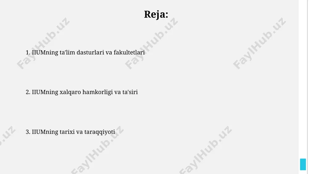 a islom mamlakatlari tashkiloti (oic) hamkorligida tashkil etilgan bo'lib, dastlabki yillarda faqat 3 ta fakultet bilan faoliyat boshlagan. iiumning xalqaro hamkorliklari universitetning xalqaro hamkorliklari doirasida qo'shma tadqiqot loyihalari amalga oshirilib, ilmiy nashrlar soni va sifatini oshirishga yordam beradi, shuningdek, grantlarni jalb qilish imkoniyatlarini kengaytiradi. iium erasmus+, asean university network (aun) kabi xalqaro tarmoqlarga a'zo bo'lib, turli xil akademik dasturlar va almashinuvlarni ta'minlaydi, bu esa madaniy xilma-xillikni oshiradi. iiumda o'qish jarayoni iiumda o'qish jarayoni bakalavr dasturlariga kirish uchun ielts yoki muet kabi ingliz tili imtihonlaridan kamida 6.0 ball to'plashni talab qiladi va tanlov juda raqobatbardosh hisoblanadi. iiumda o'qish davomida talabalar kredit soatlarini to'plash orqali o'z ixtisoslari bo'yicha chuqur bilim va amaliy ko'nikmalarga ega bo'lishadi, odatda bakalavr dasturlari 120 kredit soatni tashkil etadi. e'tiboringiz uchun rahmat @taqdimot_robot image1.jpg image2.jpg image3.jpg image4.jpg image5.jpg image6.jpg image7.jpg
