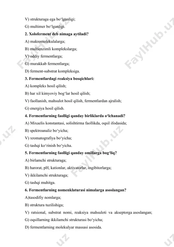 ri. 11. nuklein kislotalarning 260 nm optik zichlikdagi toʻliq yutilishiga sababchilar: a) vodorod bogʻlari; b) pentozalar; v) azot asoslari; g) fosfor kislotalari. 12. nukleotidlarni parchalovchi fermentlar: a) nukleazalar; b) nukleotiddazalar; v) fosfatazalar; g) nukleozidfosforilazalar. 13. adenozintrifosfat-bu: a) monofosfat; b) difosfat; v) nukleozid; g) nukleotid. 14. ribosoma nechta subbirlikdan iborat? a) 2; b) 3; v) 4; g) 5. 15. ribosomada qanday markazlar bor: a) aminoatsil va peptidil; b) kodonli markaz; v) qolipli markaz; g) triplet markaz. uglevodlar 1. uglevodlar qanday sinflarga boʻlinadi : a) mono-, oligo- va polisaxaridlar; b) disaxaridlar, polisaxaridlar; v) geksoza, trioza, tetrozalar; g) gomo- va geteropolisaxaridlar. 2. oligosaxaridlar tarkibida nechta monosaxarid boʻladi? a) 2-10 ta; b) 10-15 ta; v) 1 ta; g) 15-20 ta. 3. oligosaxaridlarga qanday disaxaridlar kiradi? a) saxaroza, geparin, glikogen; b) mannoza, fruktoza, glyukoza; v) laktoza, mannoza, pektin; g) saxaroza, maltoza, laktoza. 4. monosaxaridlarning halqali shaklini hosil qilishda ishtirok etuvchi moddalar: a) kislotalar, tuzlar; b) …