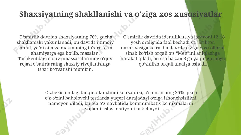 mumkin. o'smirlik davrida, taxminan 13-15 yosh orasida, gormonal o'zgarishlar tufayli kayfiyat tebranishlari 70% ga ko'payishi kuzatiladi, bu esa amerika psixologik assotsiatsiyasi ma'lumotlariga ko'ra, xulq-atvor muammolariga olib kelishi mumkin. o'smirlik davrining psixologik xususiyatlari o'smirlarning o'ziga xos "men" tushunchasi shakllanishi, ijtimoiy taqqoslashning kuchayishi tufayli, o'zlarini tengdoshlari bilan taqqoslab, o'ziga bo'lgan ishonchning pasayishi va o'ziga nisbatan haddan tashqari tanqidga moyillik bilan bog'liq bo'lishi mumkin. masalan, aqshdagi o'quvchilar orasida anoreksiya va bulimiya hollari ko'p uchraydi. o'smirlik davrida, ayniqsa, 15-17 yosh oralig'ida, hissiy jihatdan beqarorlik kuzatiladi, bu esa kayfiyat o'zgarishi, g'azab va tashvish bilan ifodalanadi. bu davrda muloqot qilish va ijtimoiy munosabatlarni o'rnatish qiyinlashadi, shuning uchun professional psixologik yordamga muhtoj bo'lishi mumkin. o'smirlik davrida, taxminan 13-19 yosh oralig'ida, miya prefrontal korteksining rivojlanishi davom etayotgani sababli, impulsivlik va xavfni hisobga olmaslik kuzatiladi, bu esa xavfli xatti-harakatlarga, masalan, giyohvand moddalarni iste'mol qilish yoki xavfsiz jinsiy aloqada bo'lmaslikka olib kelishi mumkin. aqliy rivojlanish va kognitiv qobiliyatlar o'smirlik davrida …
