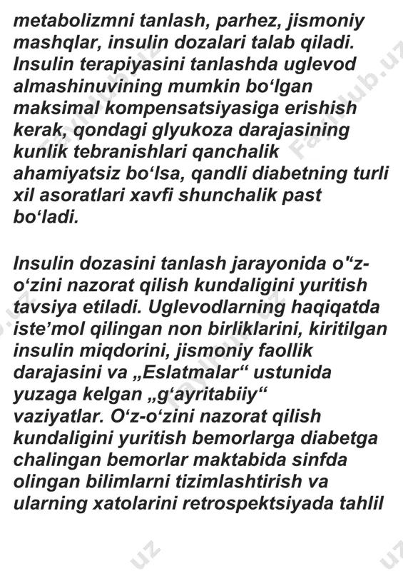 ndividual insulin ehtiyojini bilish tufayli bemor ovqatga qarab qisqa taʼsir qiluvchi insulin dozasini samarali va xavfsiz tarzda sozlashi mumkin. glikemiya darajasiga qarab insulin dozalarini tuzatish. qisqa taʼsir qiluvchi insulin dozalarini toʻgʻrilash uchun forsh har 0,28 mmol/l qon shakarining 8,25 mmol/l dan yuqori boʻlishi uchun qoʻshimcha 1 birlik kiritishni tavsiya qildi. binobarin, har bir „qoʻshimcha“ 1 mmol/l glyukoza uchun qoʻshimcha 2-3 birlik talab qilinadi. glyukozuriya uchun insulin dozalarini toʻgʻrilash hozirda uglevod almashinuvining kompensatsiyasini nazorat qilishning ilgʻor usullari mavjudligi sababli juda kam qoʻllaniladi. glyukometr yoʻqligida uglevod almashinuvini muvaffaqiyatli qoplash uchun bemor insulinga boʻlgan ehtiyojni hisoblay olishi kerak. kun davomida, insulin inʼektsiyalari orasidagi vaqt oraligʻida siydikning 4 qismini toʻplanadi: nonushta va tushlik oʻrtasida (ilgari, nonushta qilishdan oldin, bemor siydik pufagini boʻshatishi kerak);tushlik va kechki ovqat oʻrtasida;kechki ovqatdan 22 soatgacha;22:00 dan nonushtagacha. har bir porsiyada diurez hisobga olinadi, % glyukoza miqdori aniqlanadi va grammdagi glyukoza miqdori hisoblanadi. agar glyukozuriya aniqlansa, uni yoʻq qilish uchun …