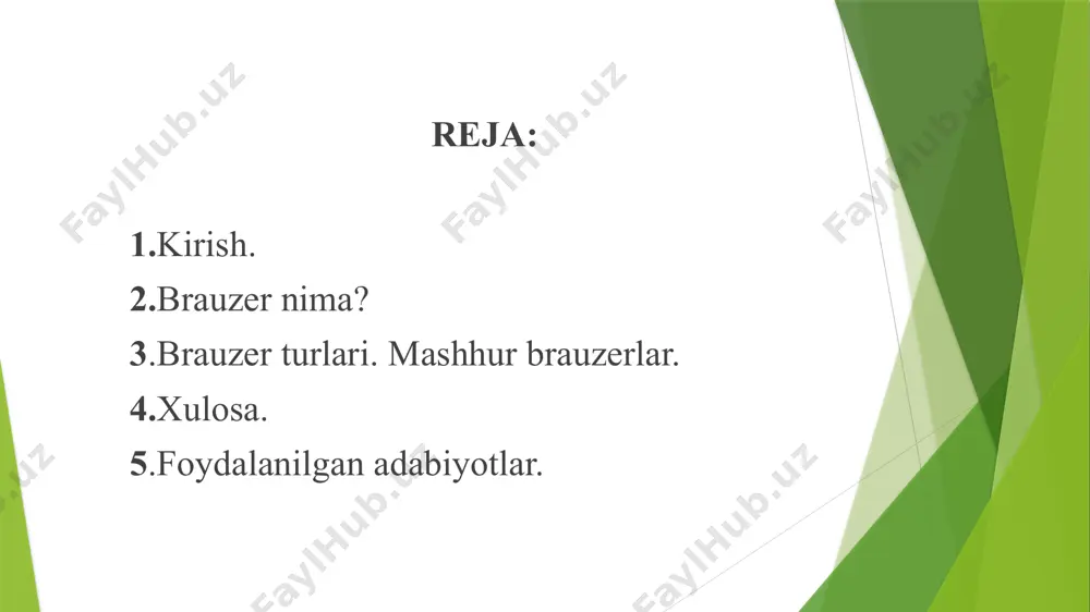 riy ta’minot(chrome, safari, …).(1) brauzerlar turli maqsadlar va funksiyalar uchun ishlab chiqilgan. ularning ba'zi asosiy turlari quyidagilardir: 1. veb-brauzerlar google chrome: tezkor va kengaytirilgan imkoniyatlarga ega bo'lib, ko'pchilik tomonidan ishlatiladi. mozilla firefox: ochiq manba kodga ega, maxfiylikka e'tibor qaratadi va kengaytmalar bilan boyitilgan. safari: apple qurilmalari uchun optimallashtirilgan, energiya samaradorligi va tezlikni ta'minlaydi. microsoft edge: windows dasturlari bilan integratsiyalangan va chromium asosida ishlaydi. 2. maxfiylik brauzerlari tor browser: foydalanuvchilarning maxfiyligini ta'minlash uchun tor tarmog'idan foydalanadi. brave: reklamalarni bloklaydi va maxfiylikni himoya qiladi, shuningdek, foydalanuvchilarga kripto-tugmalar orqali mukofot beradi. 3. mobil brauzerlar opera mini: tez va ma'lumotlarni tejovchi variant, mobil qurilmalar uchun optimallashtirilgan. uc browser: mobil qurilmalarda tezkor va qulay ishlash uchun mo'ljallangan. 4. maxsus brauzerlar lynx: matn asosidagi brauzer bo'lib, grafik interfeysni qo'llab-quvvatlamaydi. asosan, serverlar va maxfiylikka qaratilgan foydalanuvchilar uchun qulay. pale moon: mozilla firefox asosida yaratilgan, lekin ba'zi funktsiyalarni saqlab qolgan va o'ziga xos interfeysga ega. 5. kengaytirilgan brauzerlar …