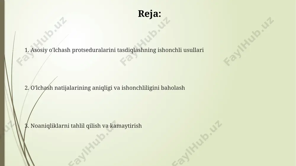 baholash kerak. o'lchash vositalarining kalibrlanishi va tekshirilishi tekshirish va kalibrlash uchun akkreditatsiyadan o'tgan laboratoriyalar xizmatlaridan foydalanish, o'lchov natijalarining ishonchliligini va huquqiy ahamiyatini ta'minlaydi. o'lchov vositalarining kalibrlanish chastotasi, ularning aniqligi va ishonchliligiga bog'liq bo'lib, odatda 6 oyda bir marta yoki 1000 ta o'lchovdan keyin amalga oshiriladi. kalibrlash jarayoni davomida, ma'lum standartlarga nisbatan ±0,5% dan oshmaydigan xato chegarasi talab qilinadi va bu natijalar sertifikat bilan tasdiqlanadi. asosiy o'lchash protsedurasini tasdiqlash usullarini tanlash o'lchash noaniqligi 5% dan oshmasligi uchun kalibrlash sertifikatlariga ega bo'lgan 2 ta mustaqil asbobdan foydalanish va olingan natijalarni o'rtacha qiymati bilan taqqoslash kerak. o'lchash protsedurasining ishonchliligi 95% ishonch darajasida va 0,05 xatolik darajasida statistika usullari orqali kamida 20 ta o'lchov natijalarini tahlil qilish orqali tasdiqlanishi mumkin. asosiy o'lchash protsedurasini tasdiqlashda kamida 3 ta mustaqil usul qo'llanilishi, masalan, standart namunalarni tekshirish, ma'lumotlarni statistik tahlil qilish va 2 ta turli xil o'lchov asboblarini solishtirish tavsiya etiladi. standartlar va etalonlarning qo'llanilishi o'lchash jarayonining …