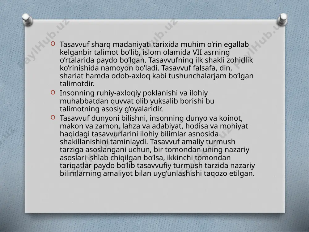 a hurmat qilgan ularga etiqod qo’yish orqali qudratini chuqurroq his qilgan, amaliy turmushda odamlar shu darveshlar kabi qanoatli, halol bo’lishga intilgan, nafsini tiygan. shuning uchun ham tasavvufga tarif berganda, juda ko’p shayxlar uni shaytoniy nafsni jilovlash va rahmoniy xislatlar kasb etish ilmi deb ko’rsatganlar. tasavvuf dunyoning barcha dinlarda, falsafiy talimotlarda mavjud. qadimgi odamning fikri tabiat kuchlari va ular bilan hamkorlikni tanqid qilishga asoslangan edi. ilm to’planishi bilan odamlar yanada oqilona bo’ldi, lekin ilohiy harakatlarga bo’lgan ishonch o’zgarishsiz qoldi. tasavvufning manosi qadimgi yunon mystikos-sirli- bu dunyoqarash va intiutiv taxminlar, tushunchalar va his-tuyg’ularni anglatadi. intuizat sirli manoda, uning sirli mohiyatini bilishda muhim ro’l o’ynaydi. mantiq va aqlga o’rin yuq narsa, hissiyotlarga asoslangan aqlsiz aqqlsiz fikrlash uchun tushunarli. tasavvuf talimoti sifatida falsafa va dinlar bilan chambarchas bog’liq. foydalanilgan adabiyotlar 1.komil inson haqida to’rt risola 2.muhammad nasrulloh – tasavvuf sirlari 3.jo’far xolmo’minov – tasavvuf ontologiyasi etiboringiz uchun rahmat image3.jpeg image4.png image5.png image6.png image7.png /docprops/thumbnail.jpeg