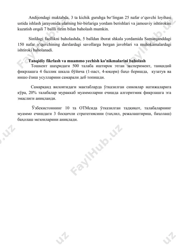 o‘quvchi loyihasi ustida ishlash jarayonida ularning bir-birlariga yordam berishlari va jamoaviy ishtirokini kuzatish orqali 7 ballli tizim bilan baholash mumkin. sinfdagi faollikni baholashda, 5 balldan iborat shkala yordamida samarqanddagi 150 nafar o‘quvchining darslardagi savollarga bergan javoblari va muhokamalardagi ishtiroki baholanadi. tanqidiy fikrlash va muammo yechish ko'nikmalarini baholash тошкент шаҳридаги 500 талаба иштирок этган эксперимент, танқидий фикрлашга 4 баллик шкала бўйича (1-паст, 4-юқори) баҳо беришда, кузатув ва иншо ёзиш усулларини самарали деб топишди. самарқанд вилоятидаги мактабларда ўтказилган синовлар натижаларига кўра, 20% талабалар мураккаб муаммоларни ечишда алгоритмик фикрлашга эга эмаслиги аниқланди. ўзбекистоннинг 10 та отмсида ўтказилган тадқиқот, талабаларнинг муаммо ечишдаги 3 босқичли стратегиясини (таҳлил, режалаштириш, баҳолаш) баҳолаш мезонларини аниқлади. 📌xulosa талабалар билимини баҳолаш мезонлари аниқ, ўлчовга олинадиган ва таълим мақсадларига мос бўлиши, натижаларни объектив таҳлил қилиш имкониятини бериши зарур. 📚foydalanilgan adabiyotlar 1. bloom, b. s. (1956). taxonomy of educational objectives: the classification of educational goals. handbook i: cognitive domain. new york: mckay. …