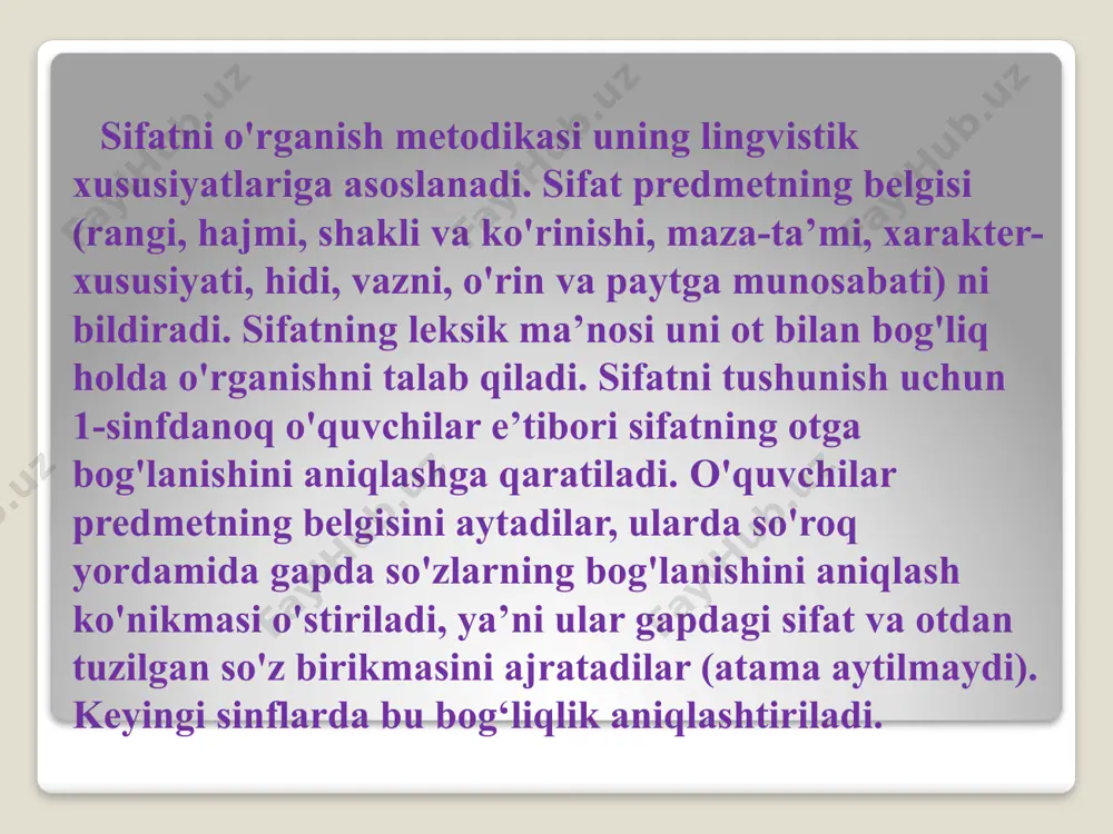 g o'z va ko'chma ma’noda ishlatilishini kuzatish maqsadga muvofiq. sifatni o'rganish jarayonida so'z yasashga oid mashqlarni muntazam o'tkazib borish o'quvchilarda u yoki bu so'z turkumini yasash uchun so'z yasovchi qo'shimchalarda ongli foydalanish malakasini shakllantiradi. uchinchi bosqichda sifat haqidagi bilimlarni takomillashtirish, og'zaki va yozma nutqda sifatlardan aniq, o'rinli foydalanish ko'nikmasini o'stirish bilan bog'liq holda -roq qo'shimchasi bilan qo'llangan sifatlarni va ko‘m-ko‘k, yam-yashil kabi sifatlarni to'g'ri yozish malakasi shakllantiriladi. ish mazmuni shu vazifalarni bajarishga qarab belgilanadi va o'quvchilar nutqini o'stirishga qaratiladi. nazariy ma’lumotlarga asoslanib: matnda berilgan otlarning belgilarini ifodalaydigan sifatlarni tanlab qo'yish, gapda sifat bog'langan otni (so'z birikmasini) aniqlab yozish; otga mos sifatlar tanlab predmetni tasvirlash, berilgan sifatlar yoki so'z birikmasi bilan gap tuzish kabi mashqlardan foydalaniladi. mashq materialini tanlashda -roq qo'shimchasi bilan qo'llangan yaxshiroq, aqlliroq kabi, shuningdek, tip-tiniq, sap-sariq kabi sifatlar ko'proq bo'lishiga e’tibor beriladi. o'quvchilarning mustaqilligi osha borgan sayin mashq topshiriqlari ham asta-sekin murakkablashtira boriladi. shunday qilib, sifatni o'zlashtirishda uni …