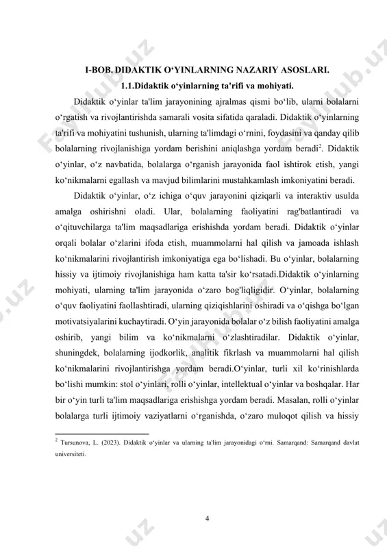 a yordam beradi. stol o‘yinlari esa, raqamlar, ranglar va boshqa asosiy tushunchalarni o‘rganishda qo‘llaniladi.didaktik o‘yinlar bolalar uchun qiziqarli va bahramand bo‘lishi bilan birga, o‘qituvchilarga ta'lim jarayonini yanada samarali tashkil etishga imkon beradi. o‘qituvchilar, o‘yinlar orqali bolalarning qiziqishini oshirish, ularga yangi ko‘nikmalarni o‘rgatish va mavjud bilimlarini mustahkamlashda yordam berishlari mumkin. bolalar o‘yin jarayonida o‘zaro raqobatlashish, hamkorlik qilish va yangi g'oyalarni o‘rganish imkoniyatiga ega bo‘lishadi.didaktik o‘yinlar, shuningdek, bolalarning hissiy barqarorligini oshirishga ham yordam beradi. o‘yinlar davomida bolalar turli hissiyotlarni boshdan kechirishadi, o‘z his-tuyg'ularini ifoda etish va boshqalar bilan munosabatlarni rivojlantirish imkoniyatiga ega bo‘lishadi. bu jarayon, bolalarning ijtimoiy ko‘nikmalarini shakllantirishda muhim ahamiyatga ega.o‘yinlar orqali bolalar o‘z-o‘zini anglash, o‘z qobiliyatlarini kashf etish va o‘z fikrlarini ifoda etish ko‘nikmalarini rivojlantiradilar. didaktik o‘yinlar, bolalar uchun o‘rganish jarayonini yanada qiziqarli va samarali qilishga yordam beradi. ular, bolalarning ta'lim jarayonida faol ishtirok etishlarini ta'minlaydi va ularning o‘z-o‘zini rivojlantirishlariga yordam beradi.umuman olganda, didaktik o‘yinlar ta'lim jarayonida muhim rol o‘ynaydi. …