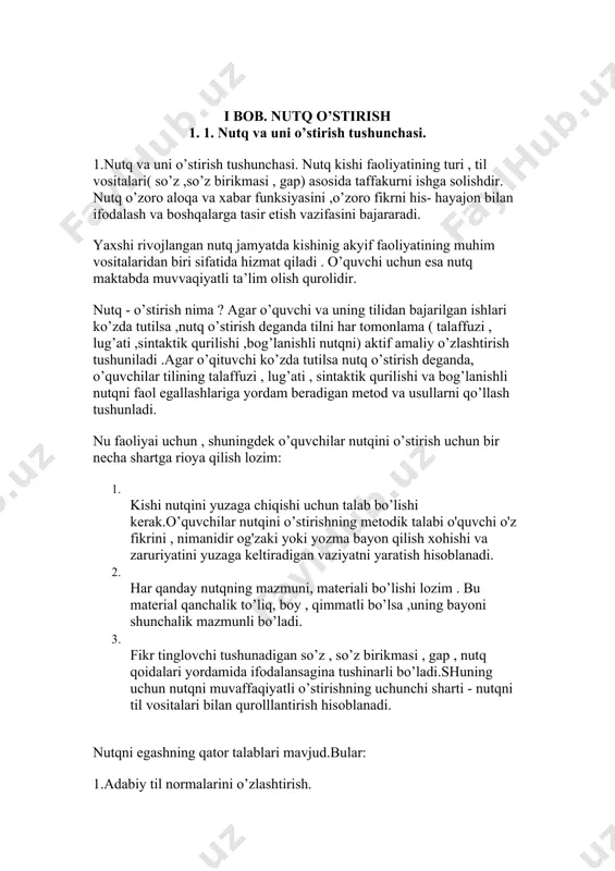 ’quvchi uchun esa nutq maktabda muvvaqiyatli ta’lim olish qurolidir. nutq - o’stirish nima ? agar o’quvchi va uning tilidan bajarilgan ishlari ko’zda tutilsa ,nutq o’stirish deganda tilni har tomonlama ( talaffuzi , lug’ati ,sintaktik qurilishi ,bog’lanishli nutqni) aktif amaliy o’zlashtirish tushuniladi .agar o’qituvchi ko’zda tutilsa nutq o’stirish deganda, o’quvchilar tilining talaffuzi , lug’ati , sintaktik qurilishi va bog’lanishli nutqni faol egallashlariga yordam beradigan metod va usullarni qo’llash tushunladi. nu faoliyai uchun , shuningdek o’quvchilar nutqini o’stirish uchun bir necha shartga rioya qilish lozim: 1. kishi nutqini yuzaga chiqishi uchun talab bo’lishi kerak.o’quvchilar nutqini o’stirishning metodik talabi o'quvchi o'z fikrini , nimanidir og'zaki yoki yozma bayon qilish xohishi va zaruriyatini yuzaga keltiradigan vaziyatni yaratish hisoblanadi. 2. har qanday nutqning mazmuni, materiali bo’lishi lozim . bu material qanchalik to’liq, boy , qimmatli bo’lsa ,uning bayoni shunchalik mazmunli bo’ladi. 3. fikr tinglovchi tushunadigan so’z , so’z birikmasi , gap , nutq qoidalari yordamida …