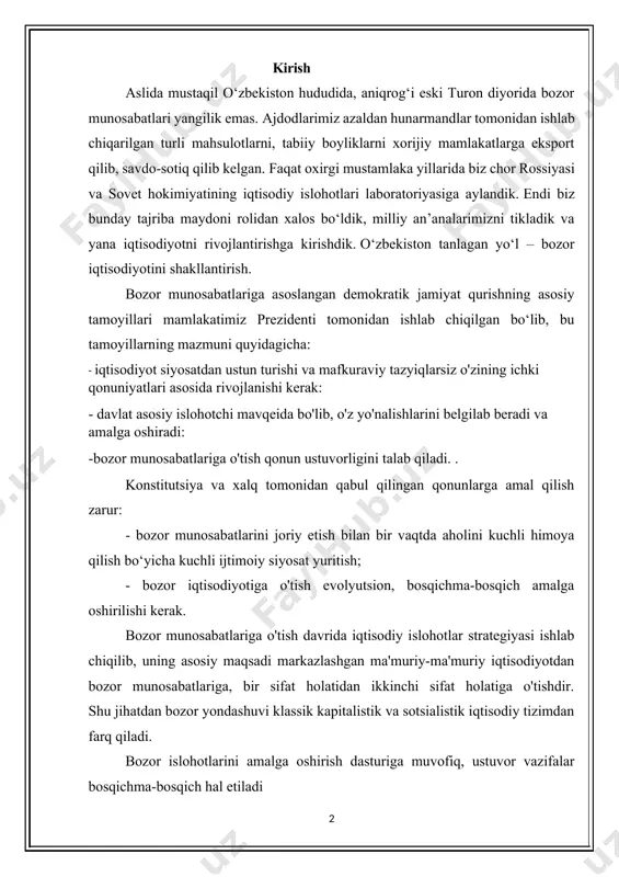 ik kapitalistik va sotsialistik iqtisodiy tizimdan farq qiladi. bozor islohotlarini amalga oshirish dasturiga muvofiq, ustuvor vazifalar bosqichma-bosqich hal etiladi 1. o’zbekiston respublikasida bozor munosabatlarining shakllanishi davlat mustaqilligining qo’lga kiritilishi o’zbekistonda bozor munosabatlariga o’tish uchun qulay sharoit va keng imkoniyatlar yaratdi. bizning diyorimizda bozor munosabatlari yangilik emas. ming yillar davomida ajdodlarimiz hunarmandlar ishlab chiqargan ajoyib mahsulotlarini, tabiiy boyliklarini dunyoning to’rt tomoniga chiqarib savdogarlik qilgan, mol almashgan. o’zbekistonning boy imkoniyatlari, geopolitik sharoitidan foydalanib o’zimizning ijtimoiy-iqtisodiy taraqqiyot yo’limizni belgilash dastlabki kunlarning eng muhim vazifasi bo’lib qoldi. o’zbekiston tanlagan islohot yo’li ijtimoiy yo’naltirilgan bozor iqtisodini shakllantirishga qaratildi. bozor munosabatlariga asoslangan demokratik jamiyat qurishning asosiy yo’nalishlari prezident i.karimov tomonidan ishlab chiqilib, dunyodagi rivojlangan mamlakatlarning yirik mutaxassislari, davlat arboblari tomonidan tan olindi va o’zining hayotiyligini namoyish etmoqda. bu tamoyillarning asosiy mazmuni quyidagilardan iborat: -iqtisod siyosatdan ustun turib, mafkuraviy tazyiqlarsiz, o’ziga xos ichki qonunlarga muvofiq rivojlanmog’i kerak; -davlat bosh islohotchi o’rnida bo’lib, u islohotlarning ustuvor yo’nalishlarini belgilab …