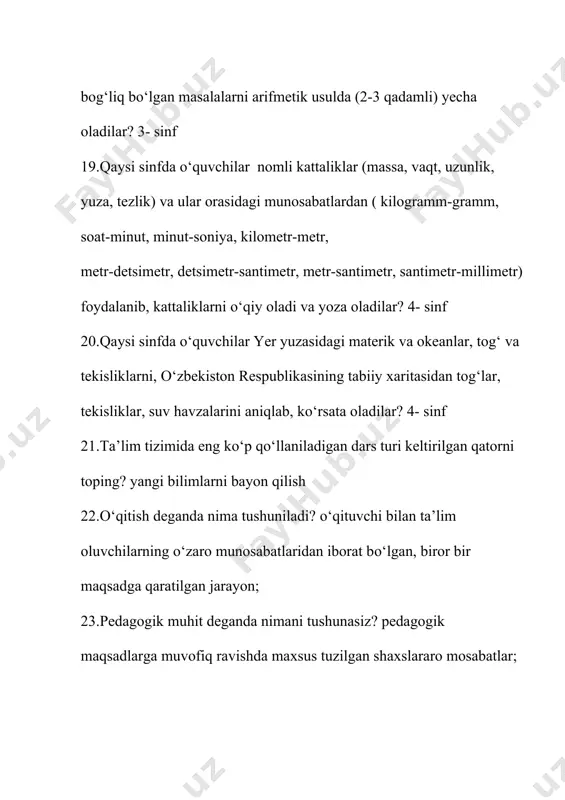 g guruhli (jamoaviy) turi deb ataladi? xv-xvi asrlar 19.qaysi alloma о‘zining «tadbiri manzil» nomli ilmiy asarining maxsus («bolalarni maktabda о‘qitish va tarbiyalash») bо‘limida ta’lim oluvchilarga jamoaviy о‘qitish haqida о‘z fikrini bayon etgan? abu ali ibn sino 20.bu darslari о‘quvchilarning bilish faoliyatini faollashtirishda, ilmiy dunyoqarashini kengaytirishda, ilmiy va ilmiyommabop adabiyotlar bilan mustaqil ishlash kо‘nikma va malakalarini orttirish, mustaqil hayotga ongli tayyorlashda muhim ahamiyat kasb etadi. bu qaysi dars turiga ta’rif berilgan? konferensiya 21.о‘quv dasturining ma’lum bir qismi (bob,1 bо‘lim yoki ayrim mavzu) о‘tib bо‘lganidan keyin 22.ta’lim oluvchining qiziqish va xohishlariga kо‘ra muayyan fan, predmet yuzasidan beriladigan ilmiy-nazariy bilimlarni chuqurlashtirish, ularda amaliy kо‘nikmalarni shakllantirish maqsadida tashkil etiladigan ta’lim shakli bu…? fakultativ mashg‘ulotlar 23.birinchi universitetlar paydo bо‘lishi bilan ta’limning qaysi shakli yuzaga kela boshlaydi? ma’ruza- seminar 24.tashkiliy qism, yangi mavzuni bayon qilish,о‘rganilgan materialni mustahkamlash va uy vazifasi bilan yakunlanadigan dars. bu qaysi dars tuzilishi? yangi bilimlarni bayon qilish darsining tuzilishi ; 25.doimo tashkiliy …