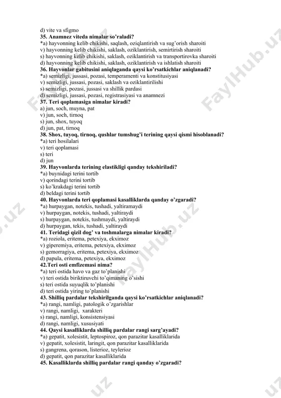 oshmalarga nimalar kiradi? *a) roziola, eritema, petexiya, ekximoz v) giperemiya, eritema, petexiya, ekximoz s) gemorragiya, eritema, petexiya, ekximoz d) papula, eritema, petexiya, ekximoz 42.teri osti emfizemasi nima? *a) teri ostida havo va gaz to’planishi v) teri ostida biriktiruvchi to’qimaning o’sishi s) teri ostida suyuqlik to’planishi d) teri ostida yiring to’planishi 43. shilliq pardalar tekshirilganda qaysi ko’rsatkichlar aniqlanadi? *a) rangi, namligi, patologik o’zgarishlar v) rangi, namligi, xarakteri s) rangi, namligi, konsistensiyasi d) rangi, namligi, xususiyati 44. qaysi kasalliklarda shilliq pardalar rangi sarg’ayadi? *a) gepatit, xolesistit, leptospiroz, qon parazitar kasalliklarida v) gepatit, xolesistit, laringit, qon parazitar kasalliklarida s) gangrena, qorason, listerioz, teylerioz d) gepatit, qon parazitar kasalliklarida 45. kasalliklarda shilliq pardalar rangi qanday o’zgaradi? *a) qizaradi, oqaradi, ko’karadi, sarg’ayadi v) qizaradi, oqaradi, ko’karadi, qorayadi s) qizaradi, oqaradi, ko’karadi, yashil rangda d) qizaradi, ko’karadi, oqaradi, pushti rangda 47. qaysi kasallikda barcha limfa tugunlari kattaradi? *a) leykoz, teylerioz, limfogranulematoz v) leykoz, leptospiroz, pnevmoniya s) …