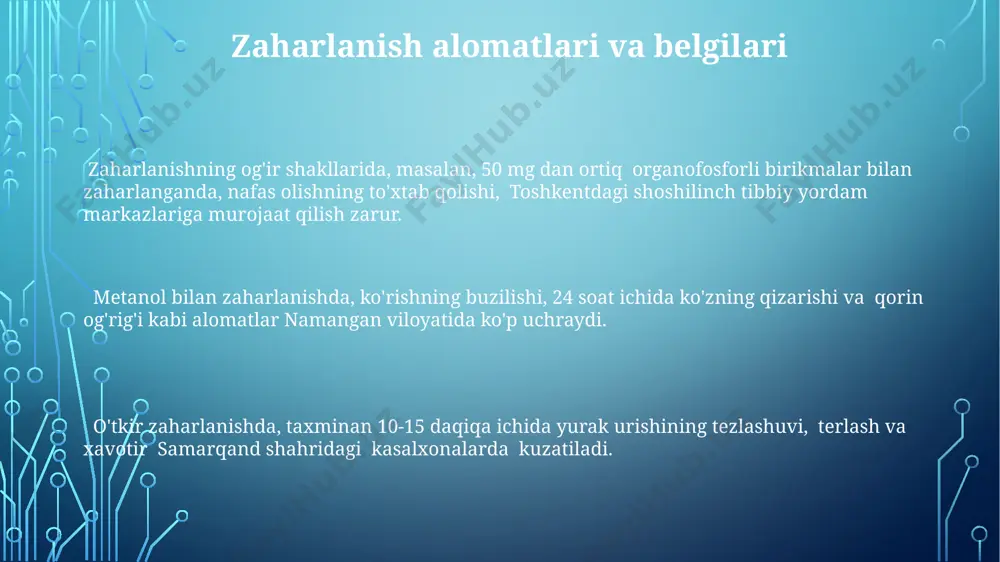 alari" bo'yicha o'zbekiston sog'liqni saqlash vazirligi 2022-yilda 300 dan ortiq zaharlanish holatini ro'yxatga olgan, ularning 15%i noto'g'ri dori vositalarini qo'llash bilan bog'liq bo'lgan. davolash usullari jiddiy holatlarda, gemodializ yoki gemoperfuzion kabi buyraklar va jigar faoliyatini qo'llab-quvvatlash uchun maxsus usullar, masalan, 2-3 kun davomida qon tozalash protseduralari andijonda mavjud bo'lgan ixtisoslashgan tibbiyot muassasalarida amalga oshiriladi. qusishni qo'zg'atish yoki oshqozonni yuvish kabi choralar ko'rish, keyinchalik bemorga suyuqlik terapiyasi yordamida 3-5 litr infuziya eritmasi yuborish orqali suvsizlanishning oldini olish samarqanddagi shifoxonalarda keng qo'llaniladi. davolashning birinchi bosqichi zaharlanish sababini aniqlash va 1-2 soat ichida antidotlar yoki maxsus dori-darmonlarni, masalan, aktivlangan ko'mirni yoki n-atsetilkisteinni, toshkentdagi ixtisoslashtirilgan toksikologik markazlarda qo'llashni o'z ichiga oladi. e'tiboringiz uchun rahmat @taqdimot_robot image1.png image2.png image3.png image4.png image5.png