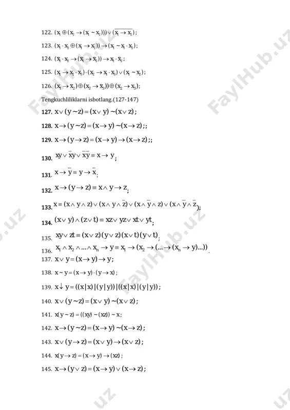 xxxx  ; tengkuchliliklarni isbotlang.(127-147) 127. ( ~ ) ( ) ~ ( ) ;x y z x y x z    128. ( ~ ) ( ) ~ ( ) ;x y z x y x z    ; 129. ( ) ( ) ( ) ;x y z x y x z      ; 130. ; 131. ; 132. ; 133. ); 134. ; 135. ; 136. . 137. ;)( yyxyx  138. ;)()(~ xyyxyx  139. ;))|(|)|((|))|(|)|(( yyxxyyxxyx  140. ;)(~)()~( zxyxzyx  141. ;~))(~)(()~( xxzxyzyx  142. ;)(~)()~( zxyxzyx  143. ;)()()( zxyxzyx  144. ;)()()( xzyxzyx  145. ;)()()( zxyxzyx  yxyxyxxy  xyyx  zyxzyx  )( zyxzyxzyxzyxx  ()()()( ytxtyzxztzyx  )()( )()()()( tytxzyzxztxy  )...))((...(... 2121 yxxxyxxx nn  146. ;))(()( zxyxyzx  147. ( ) ( ) ( ) ;x y z x …
