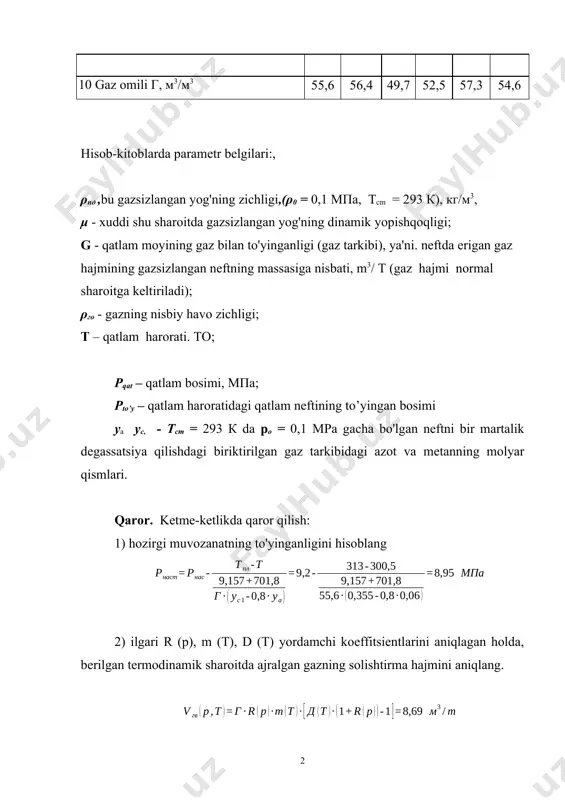 t = t = 313 k da, qatlam neftining gaz tarkibini qayta hisoblagandan so'ng (gaz hajmi t = 288,6 k haroratgacha kamayadi) va keyin a va b koeffitsientlarini aniqlaydi. g*= 1,055·10-3·(1+5·ан)·г ρнд= 1,055·10-3·(1+5·7,98710-4)·55,6·868=51,12; а=1+0,0129· г*-0,0364· г*0,85=1+1,0129·51,12-0,0364·51,120,85=0,6281; в=1+0,0017· г*-0,0364· г*0,85=1+1,0017·51,12-0,0228·51,120,667=0,7728; va b - bu chew va connelly tomonidan taqdim etilgan (10-rasm) neft gazi tarkibidagi v * (p, t) ning grafik funktsiyalari va v * (p, t) pt va t = t da gaz bilan to'yingan neftning zichligi ko'p jihatdan bosimga bog'liq bo'lib, uning oshishi uning o'sishiga olib keladi, bu esa neftning siqilishi va shunga mos ravishda molekulyar o'zaro ta'sir kuchlarining oshishi bilan bog'liq. pq = pt va t = t sharoitida gazga to'yingan neftning ma'lum da ko'pikli nuqta bosimidan ortiqcha bosimning bog'liqligini bil grafikalari / 13 / yoki ularning analitik taxminlari / 9 / yordamida aniqlash mumkin. shunday qilib, ma'lum bo'lgan qatlamli yog'ning yopishqoqligini aniqlash uchun: gazsizlangan yog'ning yopishqoqligi, to'yinganlik bosimi, …
