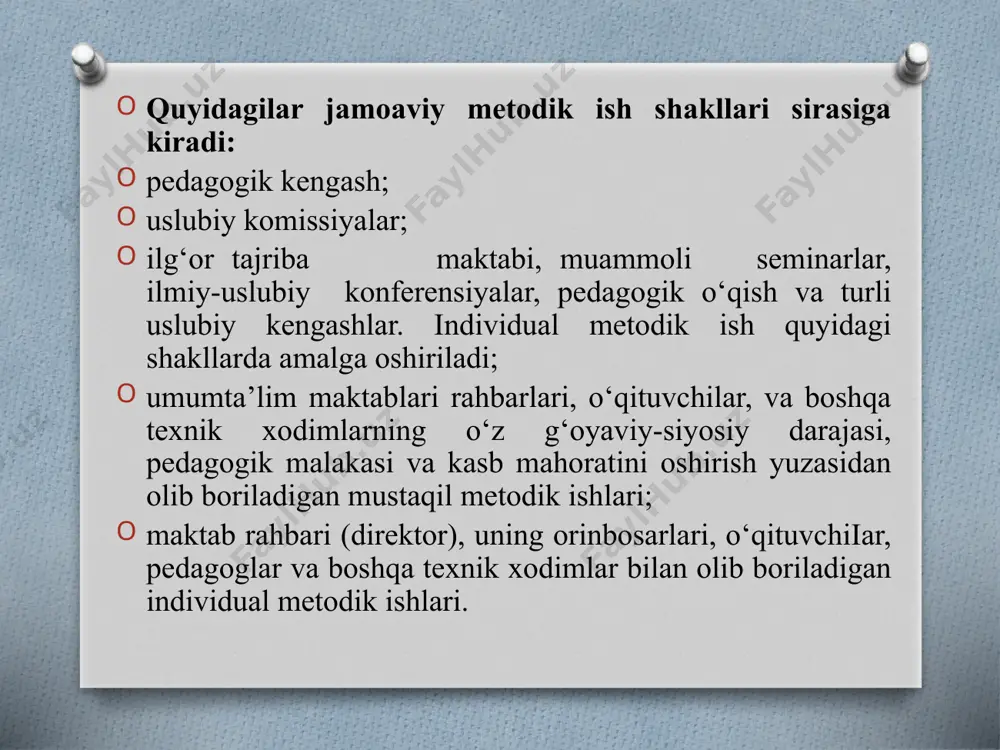 qatnashish, usta va o‘qituvchilarning o‘quvchilar bilan olib tarbiyaviy ishlariga doir masalalarni ko‘radi; o‘quv reja dasturlarining bajarilishi va boshqa shu ko‘radi. o‘qituvchilarning texnik va pedagogik malakalarining jamoaviy shakllari seminartrening, pedagogik o‘qish boshqa shakllari bo‘lishi mumkin. e’tiboringiz uchun rahmat! image3.jpeg image4.png image5.png image6.png /docprops/thumbnail.jpeg