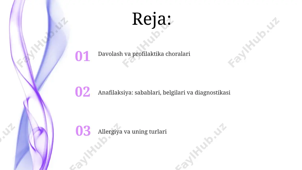ash bo'lsa, yuqori ehtimol bilan anafilaksiya tashxisi qo'yilishi mumkin. aniqlovchi anafilaksiyani davolash (shu jumladan epinefrin) epinefrindan tashqari, anafilaksiyani davolashda kislorod berish, antigistaminlar (masalan, difenhidramin 25-50 mg) va kortikosteroidlar (masalan, prednizolon 1 mg/kg) ham qo'llanilishi mumkin, lekin epinefrin asosiy davolash vositasi hisoblanadi. epinefrin mushak ichiga (sonning o'rta qismiga) inyeksiya qilinishi kerak. odatda, kattalar uchun doza 0.3 dan 0.5 mg gacha, bolalar uchun esa 0.01 mg/kg ni tashkil etadi, lekin umumiy doz 0.3 mg dan oshmasligi kerak. allergiyalarni tashxislash usullari allergiyalarni tashxislash usullari qon testlari (ige darajasi): qonda allergenlarga xos ige antitelolarini aniqlash uchun rast yoki elisa kabi testlar o'tkaziladi, bunda 0 dan 100+ iu/ml gacha qiymatlar baholanadi. allergik reaksiyalarning belgilari va simptomlari belgi belgi allergiyalarni davolash usullari allergy and anaphylaxis allergiya uchun immünoterapiya, masalan, allergik in'ektsiyalar, uzoq muddatli davolash usuli bo'lib, allergenlarga nisbatan tolerantlikni asta-sekin oshiradi va odatda 3-5 yil davom etadi. allergiyalarning oldini olish allergy and anaphylaxis allergiya xavfi yuqori …