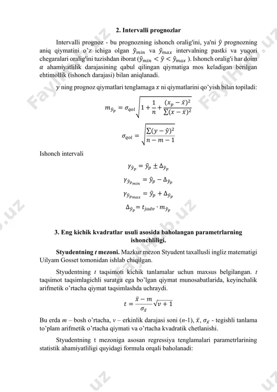 oeffitsienti r kvadratik xatoga ega 𝜎𝑅 = 1 − 𝑅2 √𝑛 − 𝑘 − 1 bu erda k – regressiya koeffitsientlari soni. shunday qilib, t mezonning empiric qiymati quyidagi formula bo’yicha aniqlanadi: 𝑡𝑅 = 𝑅√𝑛 − 𝑘 − 1 1 − 𝑅2 bu erda n-k-1 – erkinlik darajalari soni; 𝑡𝑅 jadvaldagi qiymati bilan solishtiriladi. ekonometrik modellarni tahlil qilayotganda darajalar tebranuvshanligi ikki jihatdan qaralishi mumkin. birinshidan, ular o’rganilayotgan jarayon yoki hodisalarning rivojlanish qonuniyatlari namoyon bo’lishi ushun halaqit qiladigan «tasodifiy to’siqlar» yoki «axborot shovqinlari» sifatida talqin etiladi. shu sababli darajalarni ulardan «tozalash», ya’ni tasodifiy to’siqlarni dinamikaning juz’iy tomonlari sifatida bartaraf qilish yoki juda bo’lmaganda ta’sir kuchini zaiflashtirish yo’llarini topish va ilmiy asoslash zaruriyati tug’iladi. mustaqil ishlash uchun nazorat savollari 1. ishonch intervallari qanday hisoblanadi? 2. intervalli prognozlar nima? 3. model parametrlari ishonchliligi qanday baholanadi? https://www.docufreezer.com