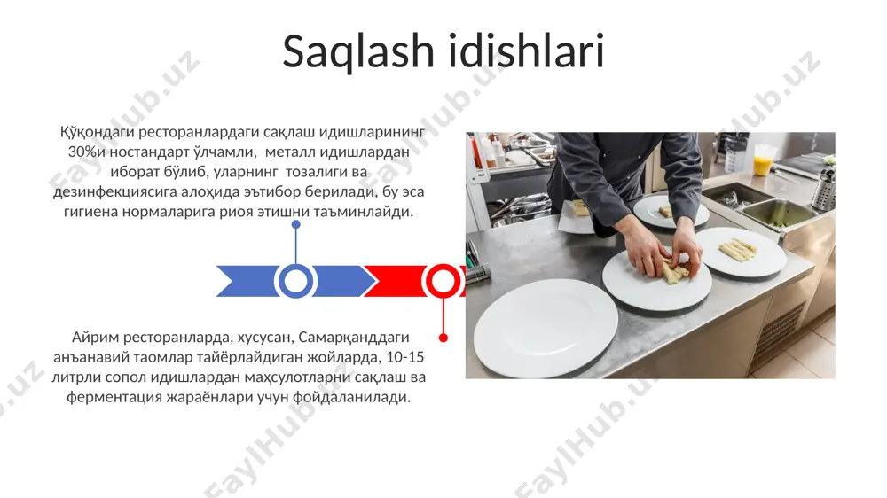 a) rossiyadan import qilinadi. kastryullar va qozonlar oziq-ovqat tayyorlash uchun asboblar tovuq go'shtini qovurish uchun ishlatiladigan panjara turini 15-20 dona, shuningdek, italiyaning neapol shahridan olib kelingan pizzalarni pishirish uchun maxsus 20 ta pech mavjud bo'lib, har biri bir soatda 50 ta pizza pishirishi mumkin. oziq-ovqat tayyorlashda 50 dan ortiq turdagi pichoqlar, shu jumladan, fransuz oshxonasida ishlatiladigan 20 sm lik “chef’s knife” va yaponiyaning osaka shahridan keltirilgan maxsus baliq tozalash uchun mo'ljallangan pichoqlar qo'llaniladi. qoshiq, vilkalar va pichoqlar pichoqlarning turli o'lchamlari va shakllari, misol uchun, 25 sm baliq pichog'i va 15 sm yog'och pichog'i, xiva shahridagi restoranlarda har xil taomlarni tayyorlash uchun zarur bo'ladi, bu esa oshpazlarning ko'nikmalarini oshiradi. qoshiqlarning o'lchamlari va turlari restoranning oshxona uslubiga bog'liq bo'lib, masalan, 200 ta o'rtacha o'lchamli qoshiq va 50 ta katta salat qoshiqlari katta restoranda, toshkentdagi kichik kafega qaraganda ko'proq bo'ladi. zamonaviy oshxona texnologiyalari aqshda ishlab chiqarilgan ba'zi zamonaviy pechlar 500 darajagacha qizdiriladi va …