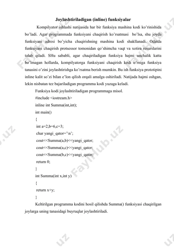 n (1), u undan oldingi saqlangan qiymatga 1 qiymatiga ko’paytirib f(1) qiymati hisoblanadi, bu qiymat 2 qiymatiga ko’paytirish bilan f(2) topiladi va hakoza. jarayon f(n) qiymatini hisoblashgacha «ko’tarilib» boradi. bu jarayonni, n=4 uchun faktorial hisoblash sxemasini 5.2-rasmda ko’rish mumkin: 14.1-rasm. 4! hisoblash sxemasi rekursiv funksiyalarni to’g’ri amal qilishi uchun rekursiv chaqirishlarning to’xtash sharti bo’lishi kerak. aks holda rekursiya to’xtamasligi va o’z navbatida funksiya ishi tugamasligi mumkin. faktorial hisoblashida rekursiv tushishlarning to’xtash sharti funksiya parametri n=0 bo’lishidir (shart operatorining rost shoxi). har bir rekursiv murojaat qo’shimcha xotira talab qiladi - funksiyalarning lokal ob’ektlari (o’zgaruvchilari) uchun har bir murojaatda stekdan yangidan joy ajratiladi. masalan, rekursiv funksiyaga 100 marta murojaat bo’lsa, jami 100 lokal ob’ektlarning majmuasi uchun joy ajratiladi. ayrim hollarda, ya’ni rekursiyalar soni etarlicha katta bo’lganda, stek o’lchami cheklanganligi sababli (real rejimda 64kb o’lchamgacha) u to’lib ketishi mumkin. bu holatda programma o’z ishini «stek to’lib ketdi» xabari bilan to’xtadi. quyida, rekursiya bilan …