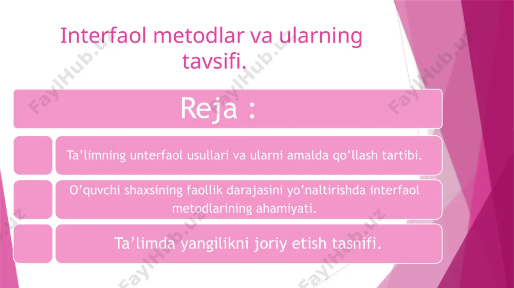 anaviy metodlarni tanlash mezonlari katta miqdorda ishlab chiqilgan , keyingi yillarda didaktik olimlarning ishlarida ularning yigirmadan ortig’i keltiriladi . interfaol metodlarni tanlash mezoni – ularning ta’lim va tarbiyani rivojlantirish masalarni yechishga yuqori yo’nalganligidir . bu mezon turli xil metodlarni u yoki bu doiradagi vazifalarni yechish imkoniyatlarini baholash yo’li bilan joriy etiladi , chunki ijtimoiy tajriba elementlarini o’zlashtirishda ularning imkoniyatlari turlichadir . interfaol metodlarni tanlashning navbatdagi mezoni ularning ta’lim mazmuni xususiyatiga mos kelishdir. metod mazmuni harakatlanish qismi sifatida ham aniqlanadi . shu bousdan bu mezonning hisobga olinishi shubhasiz . bir metod yordamida mavzu mazmuni to’laroq ochib berilsa , boshqasi uni ijobiy o’zlashtirishga imkon tug’diradi . interfaol metodlarning tanlashning yana bir mezoni ularning talabalar o’quv imkoniyatlariga to’liq mos kelishi , ya’ni samarali o’quv faoliyati uchun ichki va tashqi shart- sharoitlarining birligini ta’minlashdir . interfaol o’qitish metodlaridan foydalanishda pedagogning xususiy imkoniyatlariga mos kelishi lozim.bu pedagogning o’qitish metodlari nazariyasi va amaliyoti bilan o’qitsh jarayoning …