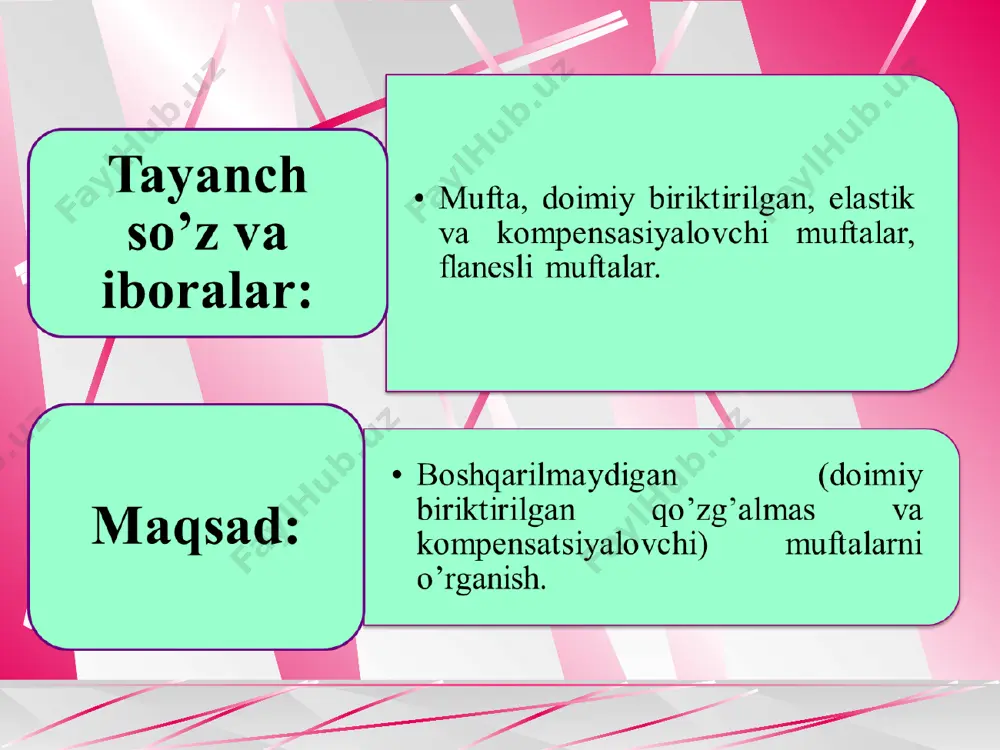 ita boltlar bilan uzatilib, ularda kesuvchi, ezuvchi kuchlanishlar hosil bo‘ladi. tirqishsiz o‘rnatilgan boltlar bir vaqtning o‘zida valni markazlashtirish vazifasini ham o‘taydi. boltlar tirqish bilan o‘rnatilganda markazlashtirish 3 chiqiqli qism evaziga bo‘lib, bu chiqiq ko‘ndalang yuklamalarni qabul qiladi. 4-rasm. ajralish sirti valga parallel bo‘lgan ikki pallali flanesli mufta boshqarilmaydigan kompensatsiyalovchi muftalar vallarning o‘qdoshmaslik turlari. tayyorlash va yig‘ishdagi xatoliklar sababli biriktiriladigan vallar geometrik o‘qlarining o‘zaro joylashishida har doim ma’lum bir noaniqlik bo‘ladi. vallarning nominal holatidan chetga chiqishining uch turi farqlanadi (5-rasm): bo‘ylama surilish δa (valning haroratdan cho‘zilishidan ham hosil bo‘ladi); radial surilish δr yoki ekssentrisitet; burchak surilish δα yoki og‘ish. amalda bu chetga chiqishlar bir vaqtda ta’sir qilishi mumkin, keyinchalik bu holatni valning «o‘qdoshmasligi» deb ataymiz. o‘qdoshmas vallar bikir qo‘zg‘almas muftalar bilan biriktirilganda muftani o‘rnatish joyida ular bir umumiy o‘qqa val va tayanchlarni deformatsiyalab keltiriladi. tayanch va vallar qo‘shimcha yuklanish bilan yuklanadi. shu sababli bikir qo‘zg‘almas muftalardan foydalanganda vallarning joylashishida yuqori aniqlik …