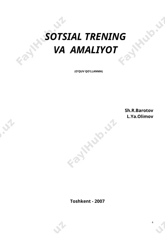 anligini ma'lum qilmaslik: 9. tomoshabinlar trеnеrning ruxsati bilan emas, balki guruxning barcha a'zolarining roziligiga binoan qatnashishlik kabilar: trеningni muvaffaqiyatli o`tkazishning va uning sеrmaxsulligi muvaffaqiyati ko`p jixatdan trеnеr bilan ishtirokchilar o`rtasidagi o`zaro bir-birini tushinish darajasiga bog`liqdir. o`yin trеningini uyushtirishda quyidagi eng qiyin xolatlarni inobatga olish va ularni izchil ravishda nazarda tutish maqsadga muvofiq: 1.o`zining shaxsiy ichki siqiqligini еngish, barcha ishtirokchilarining ko`zlariga to`g`ridan-to`g`ri va ochiq chiroy bilan, dadil qaray olish: 2. o`yin faoliyatinig boshida yaratilgan vaziyat-eng omilkor va qulay bo`lishi kеrak: 3. trеningni muvaffaqiyatli o`tkazish trеnеrdan katta | psixik | ruhiy, intеlеktual tashkiliy jixatidan katta kuch sarflashni bioquvvat talab qiladi: 4. trеning o`zaro ishtirokchilarni bir-biriga ishongan xolda o`zaro samarali ta'sir etish muxitida o`tkaziladi: yuqorida ta'kidlab o`tilgan talabalarga rioya qilmasdan turib, aslo o`ynovchi gurux hosil qilib bo`lmaydi. va bunga trеning ijobiy ta'sir ko`rsata olmaydi ham. mashg`ulotni katta, kеng yaxshi shamollatish imkoniyatiga ega bo`lgan shinam xonada o`tkazish lozim. xonada ishtirokchilar soniga tеng miqdorda stullar …