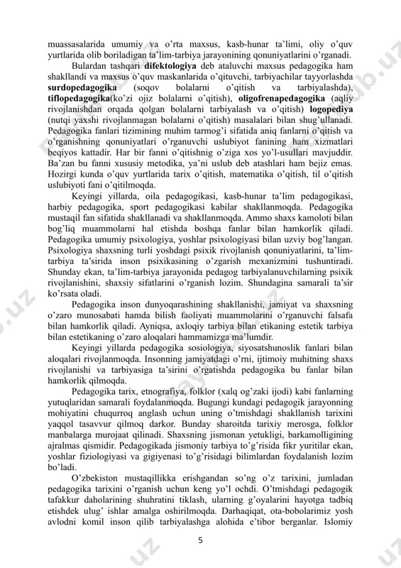 ash, o’zi xohlagan kasbini tanlash, uni mukammal egallab, shu sohada baxtiyor faoliyat ko’rsatish uchun moddiy-ma’naviy, tarbiyaviy-didaktik shart-sharoit yaratishdan iboratdir. bu umumiy vazifadan ta’limning har bir bo’g’ini, turi va bosqichlarining o’ziga xos vazifalari kelib chiqadi. insonshunoslik fanlari tizimida pedagogikaning tutgan o’rni shu bilan belgilanadiki, u shaxsni rivojlantirish, shakllantirish, tarbiyalash, ma’lumotli qilish va o’qitishi (ta’lim berishi) qonuniyatlari borasida tadqiqot ishlarini olib boradi. shu sababli, rivojlantirish, shakllantirish, ta’lim va tarbiya, ma’lumot pedagogikaning asosiy kategoriyalari yoki tushunchalari deb ataladi. shaxs turli omillar ta’sirida shakllanadi. tarbiya esa shaxsni shakllantiruvchi, rivojlantiruvchi omillardan biridir. katta yoshlilar turli vositalar va usullar orqali ma’lum maqsadni ko’zlagan holda o’z tarbiyalanuvchilarida ma’lum xislatlarni hosil qilish va rivojlantirishni xohlaydilar. shunday qilib, tarbiya shaxsni muayyan yo’nalishda shakllantirish, kamol toptirish maqsadida turli odamlarning bir-biriga ta’sir ko’rsatadigan ijtimoiy munosabatdir. bu jarayonda shaxsning rivojlanishini harakatlantiruvchi kuchlar, omillar hamda tarbiyalanuvchilarning yoshi, shaxsiy xususiyatlari e’tiborga olinadi. tarbiya jarayonida mikromuhitning ijobiy ta’siridan to’la foydalaniladi va salbiy ta’sirini zaiflashtirishga harakat …