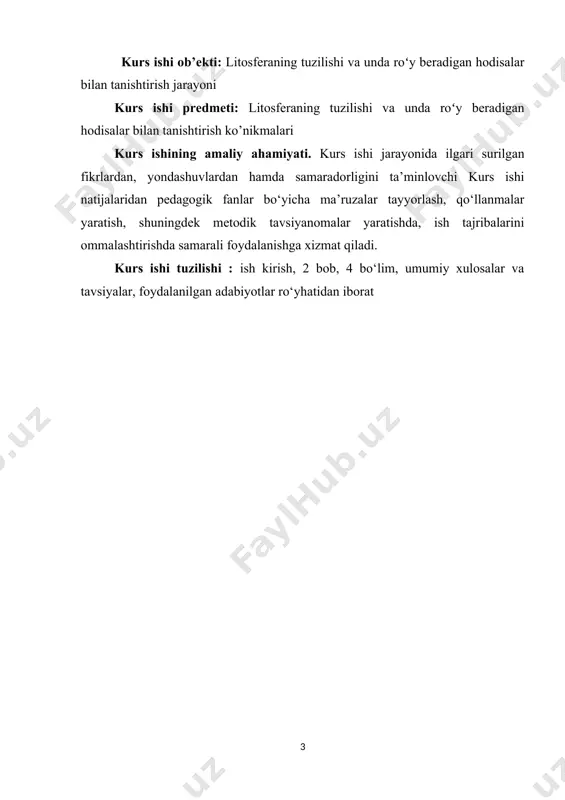 trdan ko'p bo'lmagan chuqurlikda to'plangan. tuproqlar tirik organizmlarning koʻp yillik (yuz va ming yillik) umumiy faoliyatining organomineral mahsuli boʻlib, suv, havo, quyosh issiqligi va yorugʻlik eng muhim tabiiy resurslar qatoriga kiradi. zamonaviy tuproqlar uch fazali tizim (turli donador qattiq zarralar, suv va g'ovaklarda erigan gazlar) bo'lib, ular mineral zarralar (tog' jinslarini yo'q qilish mahsulotlari), organik moddalar (tog' jinslarining hayotiy faoliyati mahsulotlari) aralashmasidan iborat. biota, uning mikroorganizmlari va qo'ziqorinlari). litosferaning quruqlikdagi eng yuqori, sirt gorizonti eng katta o'zgarishlarga uchraydi. er yer shari yuzasining 29,2% ni egallaydi va turli toifadagi erlarni o'z ichiga oladi, ular orasida unumdor tuproq eng muhim hisoblanadi. tirik moddalarning mineral (noorganik) bilan o'zaro ta'siri sodir bo'ladigan litosferaning sirt qatlami tuproqdir. parchalanishdan keyin organizmlarning qoldiqlari chirindiga aylanadi (tuproqning unumdor qismi). tuproqning tarkibiy qismlari - minerallar, organik moddalar, tirik organizmlar, suv va gazlar. litosferaning kimyoviy tarkibining asosiy elementlari: o, si, al, fe, ca, mg, na. 2 litosferaning tuzilishi yer qobig'i …