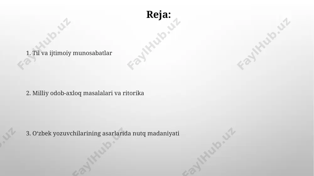 lash boʻyicha 5 dan ortiq tortishuvlar tasvirlangan, bu yerda mahalliy an'analar va qonunlar muhim rol oʻynaydi. oʻzbek adabiyotida nutq sanʼati va uning ahamiyati xix asr oxiri – xx asr boshlarida buxoro va xivada yashagan adiblarning asarlarida xalq ogʻzaki ijodining boy imkoniyatlari, maqollardan, hikoyalardan foydalanish orqali nutq sanʼatining oʻziga xos xususiyatlari aks etgan. mustaqillikdan keyingi davrda (1991-yildan hozirgacha) oʻzbek adabiyotida til tozaligi va nutq madaniyatiga oid 20 dan ortiq ilmiy monografiyalar yaratilgan, bu esa milliy oʻzlikni anglashning muhim jihatlaridan biridir. milliy odob-axloq meʼyorlari va adabiy obrazlar 19-asr oxiri – 20-asr boshlarida buxoro va xivada yozilgan asarlarda milliy odob-axloq meʼyorlarining, xususan, mehmondoʻstlik va hurmat-eʼzoz kabi qadriyatlarning adabiy obrazlar orqali ifodalanishi kuzatiladi. abdulla qodiriyning "oʻtkan kunlar" asarida tasvirlangan 100 yildan ortiq vaqt oldingi toshkent jamiyatidagi milliy odob-axloq normalari va ularning adabiy obrazlarga taʼsiri tahlil qilinadi. oratorlik mahorati va ijtimoiy hayot toshkent shahrida 20-asr boshlarida bo‘lib o‘tgan siyosiy mitinglar davrida, oratorlikning 2 xil uslubi …
