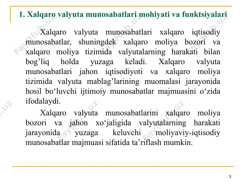 ishida amalga oshadi. valyuta tushumlari ishlab chiqarish omillariga boʻlgan xarajatlarga muvofiq ravishda taqsimlanadi. * xalqaro valyuta munosabatlariga ta’sir ko’rsatuvchi muhim omillardan biri bo’lib jahon valyuta bozorida valyutalar savdosi yillik hajmining oʻzgarishi hisoblanadi. xalqaro valyuta munosabatlari ishtirokchilari spekulyativ valyuta operatsiyalari hisobiga yuqori daromad oladilar, lekin real iqtisodiyotning faoliyat koʻrsatish tamoyillari e’tiborga olinmaydi. bu esa valyuta munosabatlarini real iqtisodiy jarayonlardan ajratgan holda davriy valyuta inqirozlari uchun ob’ektiv asoslarni yuzaga keltiradi. spekulyativ valyuta oqimlarining yirik hajmda transchegaraviy koʻchishi real iqtisodiyotga salbiy ta’sir koʻrsatadi. birinchidan, valyutalar bilan bog’liq spekulyativ operatsiyalardan yuqori va tez fursatdagi daromad ularni jahon valyuta bozorida doimiy koʻchib yuruvchi “issiq” pullar (qisqa muddatli kapitallar) massasiga aylantirgan holda kapitalni uzoq muddatli investitsiyalashni cheklaydi. * xalqaro valyuta bozori (forex) ishtirokchilari tarkibi * 1992-2022 yillarda jahon valyuta bozorining kunlik aylanmasi hajmi (mlrd. aqsh doll.) * составлено на основе данных банка международных расчетов (бмр), публикуемых в отчетах каждые три года: triennial central bank survey: foreign …