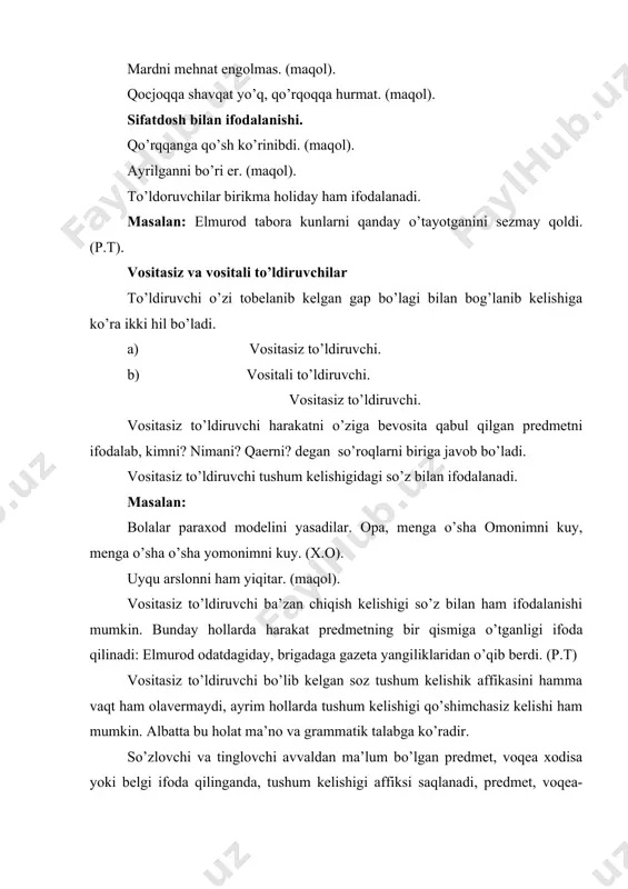 ldiruvchining bu turli atash ma’nosini ham ifodalaydi. men bu sovg’ani ukamga oldim. 2) chiqish kelishigidagi so’z bilan ifodalangan to’ldiruvchilar kimdan? nimadan? so’roqlarining biriga javob bo’lib, quyidagi ma’nolarni ifodalaydi. a) predmetning chiqish o’rnini. odam odamdan baxra oladi. (a.k.). b) qiyoslash ma’nosi. otaning mehridan ustozning jabri abzal. (s.z). v) to’da va bo’lakdan ajratib ko’rsatish ma’nosini: axmedov gapni kapsancilar qishlog’ining tarixidan boshladi. (a.k). g) predmetning nimadan tayyorlanganligini: o’quv xonasi betondan qilingan. d) harakatning bajarilishida vosita bo’lgan predmetni: komandir avtomatdan osmonga o’q uzdi. o’rin kelishigidagi so’z bilan ifodalangan to’ldiruvchilar kimda? nimada? so’roqlarining biriga javob bo’lib, harakatning yuz berish o’rnini ifodalaydi. bunda: a) harakatning yuz berish o’rni ifodalanadi: dilshodda yoshlikdan ilmga havas bor edi. (m.i). b) harakatning bajarilishida vosita bo’lgan predmetni ifodalaydi: mehmonlar belgilangan manzilga mashinada etib bordilar. 2. ko’makchi so’z bilan ifodalangan to’ldiruvchilar: 1) to’g’risida, ustida, haqida kabi komakchi ishlatilsa, to’ldiruvchi harakatni kim yoki nima haqida ekanligini ifoda qilib, kim to’g’risida? nima haqida? so’roqlarining …