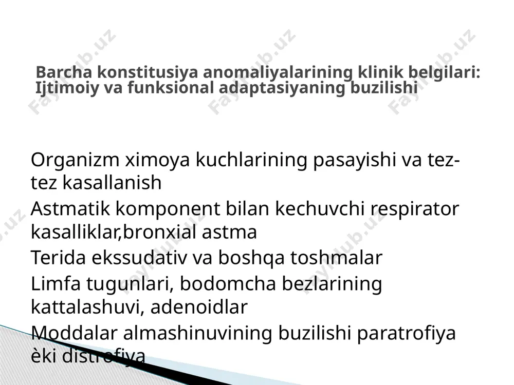 i 2,5 baravar ko‘p uchraydi etiologiyasi асосий ўринни гиперурекемия эгаллайди. мнсга сийдик кислотаси ва уратларнинг юқори концентрацияси таъсири, ацидоз қўзғалувчанлик жараѐнининг ортишига олиб келади. декомпенсация кўпинча мактаб ѐшида стресс, овқат рационининг ўзгариши жисмоний зўриқишда пайдо бўлади. патогенези klinik belgilar bolaning ѐshiga bog‘liq bo‘lib quyidagi sindromlar bilan namoѐn bo‘ladi: nevrastenik, moddalar almashinuvining buzilishi, spastik, teri. 1 oygacha bo‘lgan bolalarda quyidagilar bo‘ladi: tana vaznining kam qo‘shilishi ich kelishining buzilishi nad klinikasi klinik belgilar bolaning ѐshiga bog‘liq bo‘lib quyidagi sindromlar bilan namoѐn bo‘ladi: nevrastenik, moddalar almashinuvining buzilishi, spastik, teri. 1 oygacha bo‘lgan bolalarda quyidagilar bo‘ladi: tana vaznining kam qo‘shilishi ich kelishining buzilishi nad klinikasi 84% xollarda uchraydi. 1 ѐshgacha bo‘lgan bolalarda qo‘zg‘alish jaraѐnining ustunligi bilan namoѐn bo‘ladi: bola ko‘p bezovta bo‘ladi qichqirib yig‘laydi ko‘p cho‘chiydi kam va bezovta uyqu purin moddalarining mns stimullovchi ta'siri ostida bolalarda psixik va emosional rivojlanish erta yuzaga keladi: bola erta gaplashishni o‘rganadi juda qiziquvchan bo‘ladi eslash qobiliyati yaxshi …