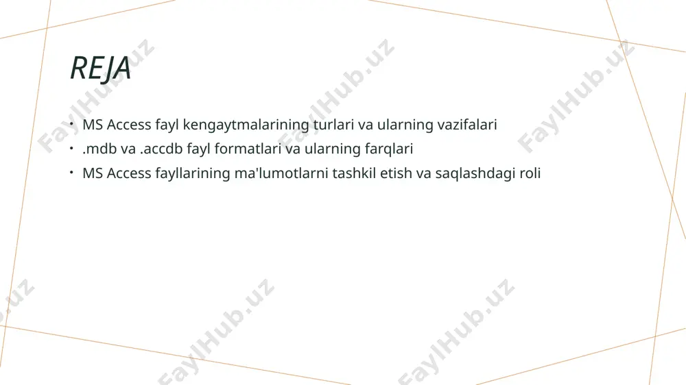 atadi. 3 murakkab ma'lumotlar modeli ms access murakkab ma'lumotlar modelini qo'llab-quvvatlaydi, bir nechta jadval va bog'lanishlar yordamida keng qamrovli va moslashuvchan bazalar yaratish mumkin. .mdb va .accdb fayl formatlarining texnik tavsifi va ishlash mexanizmlari fayl formatlari haqida umumiy ma'lumot .mdb va .accdb fayl formatlari ms accessda ma'lumotlar bazalarini saqlash uchun ishlatiladi. ular turli texnologiyalar va imkoniyatlarga ega bo'lib, ma'lumotlar xavfsizligi va ishlash tezligiga ta'sir qiladi. texnik tavsif .mdb fayli 1999-yildan oldin chiqarilgan va eski texnologiyalar bilan mos keladi. .accdb esa 2007-yildan boshlab joriy etilgan, ko'proq xavfsizlik va kengaytirilgan imkoniyatlar taqdim etadi. ishlash mexanizmi .mdb va .accdb fayllari ma'lumotlarni indekslash va saqlash uchun turli mexanizmlardan foydalanadi. .accdb fayli ko'proq zamonaviy texnologiyalar yordamida tez va samarali ishlash imkonini beradi. texnologik farqlar .mdb fayli access 2003 va undan avvalgi versiyalar bilan mos keladi, .accdb esa access 2007 va keyingi versiyalar uchun optimallashtirilgan. bu farq ularning ishlash vazifalariga ta'sir qiladi. .mdb va .accdb formatlarining …